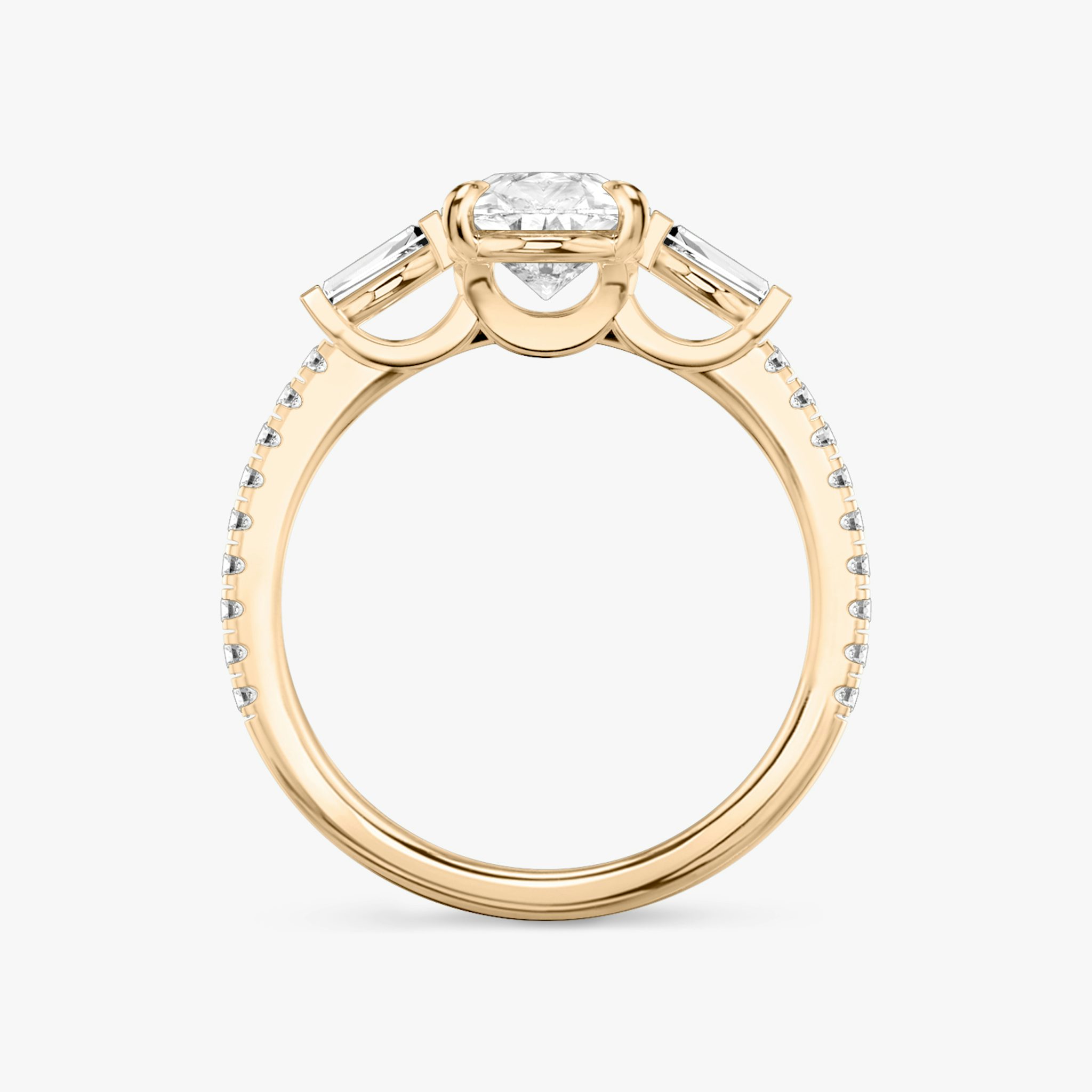 The Three Stone | Pear | 14k | Rose Gold | bandAccent: Pavé | sideStoneCarat: 0.10ct | sideStoneShape: Tapered Baguette | diamondOrientation: vertical | caratWeight: other