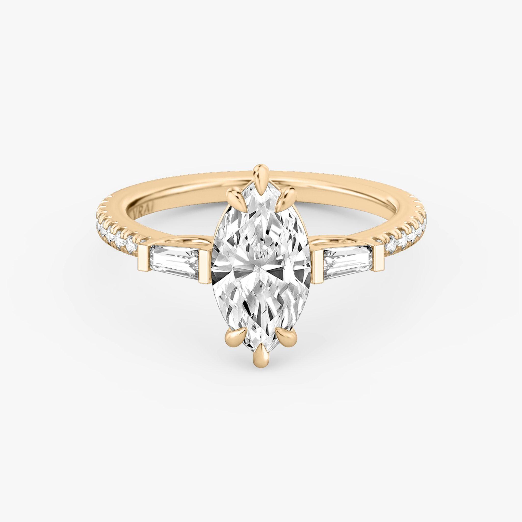 The Three Stone | Marquise | 14k | Rose Gold | bandAccent: Pavé | sideStoneCarat: 0.10ct | sideStoneShape: Tapered Baguette | diamondOrientation: vertical | caratWeight: other