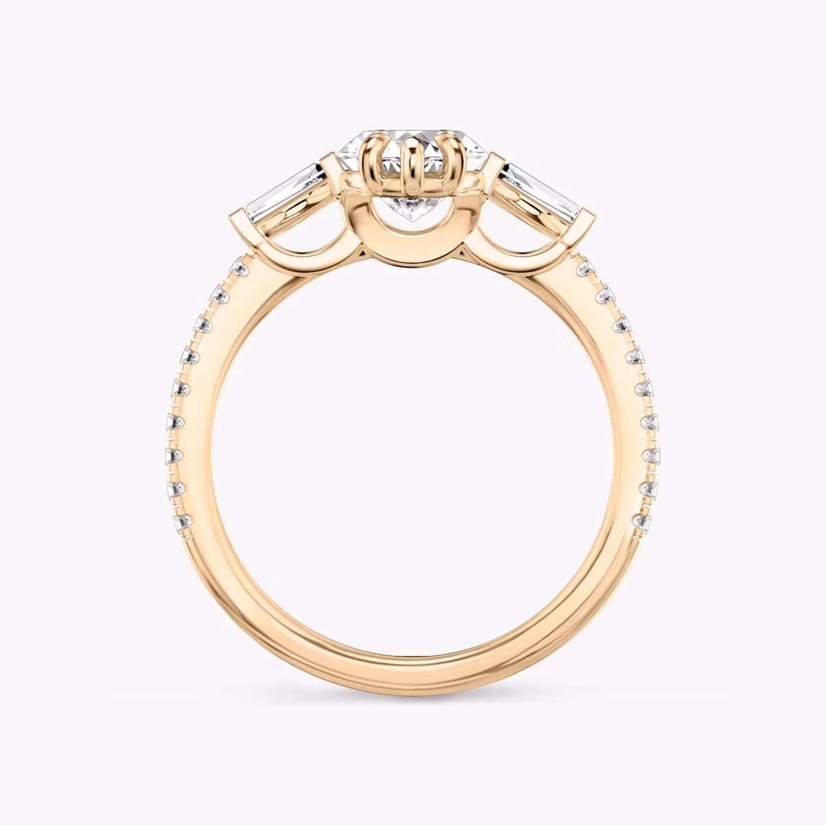 The Three Stone | Marquise | 14k | Rose Gold | bandAccent: Pavé | sideStoneCarat: 0.10ct | sideStoneShape: Tapered Baguette | diamondOrientation: vertical | caratWeight: other