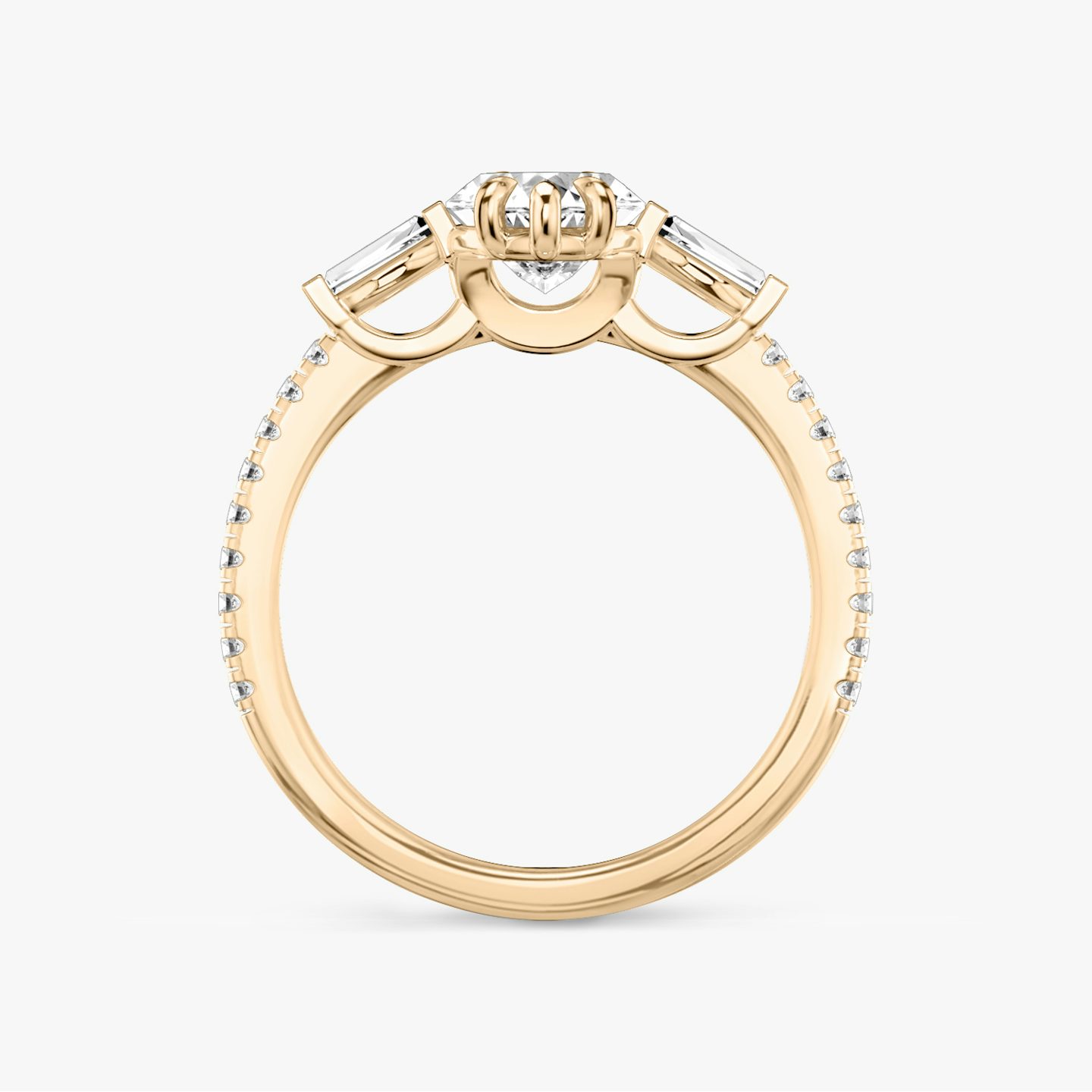 The Three Stone | Marquise | 14k | Rose Gold | bandAccent: Pavé | sideStoneCarat: 0.10ct | sideStoneShape: Tapered Baguette | diamondOrientation: vertical | caratWeight: other