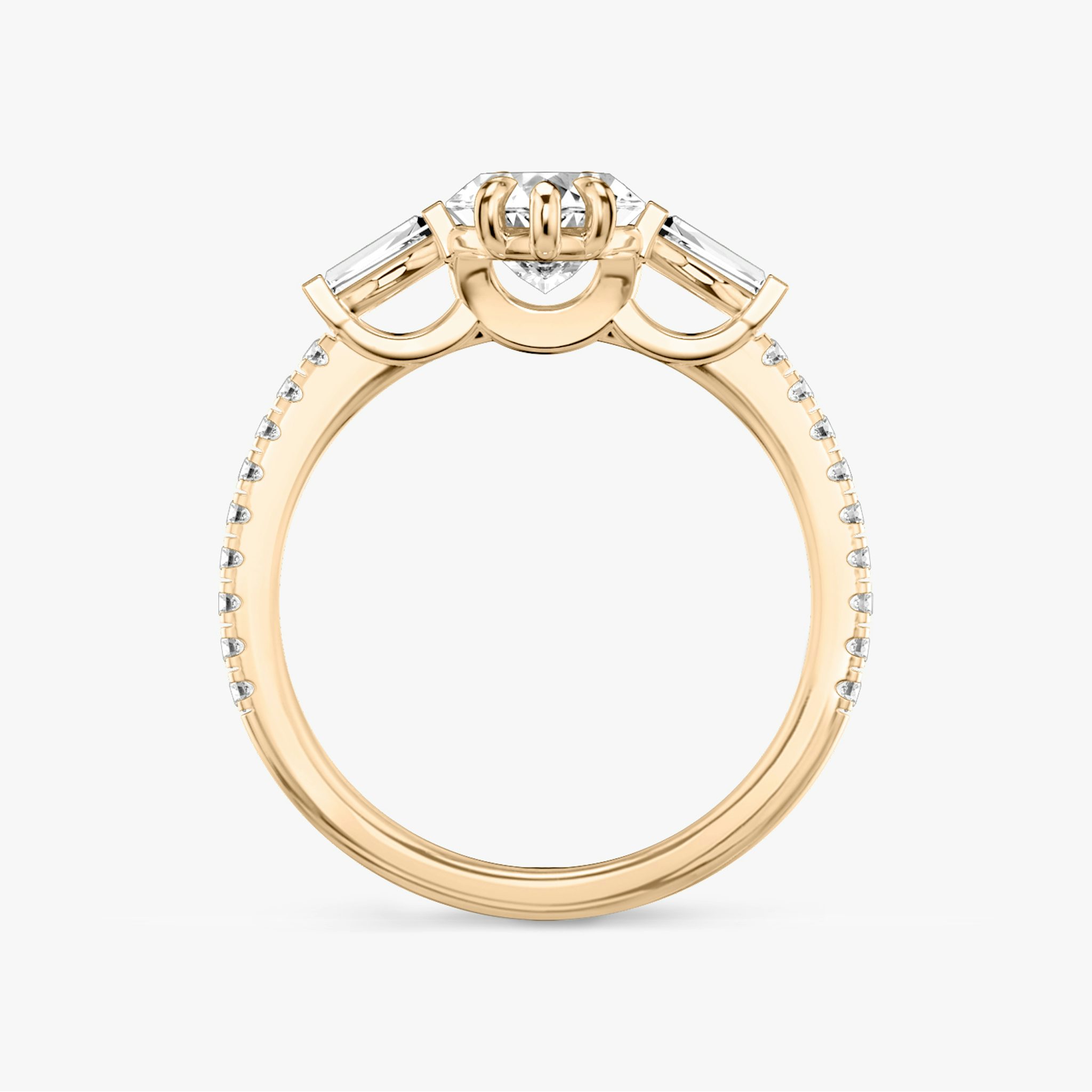 The Three Stone | Marquise | 14k | Rose Gold | bandAccent: Pavé | sideStoneCarat: 0.10ct | sideStoneShape: Tapered Baguette | diamondOrientation: vertical | caratWeight: other