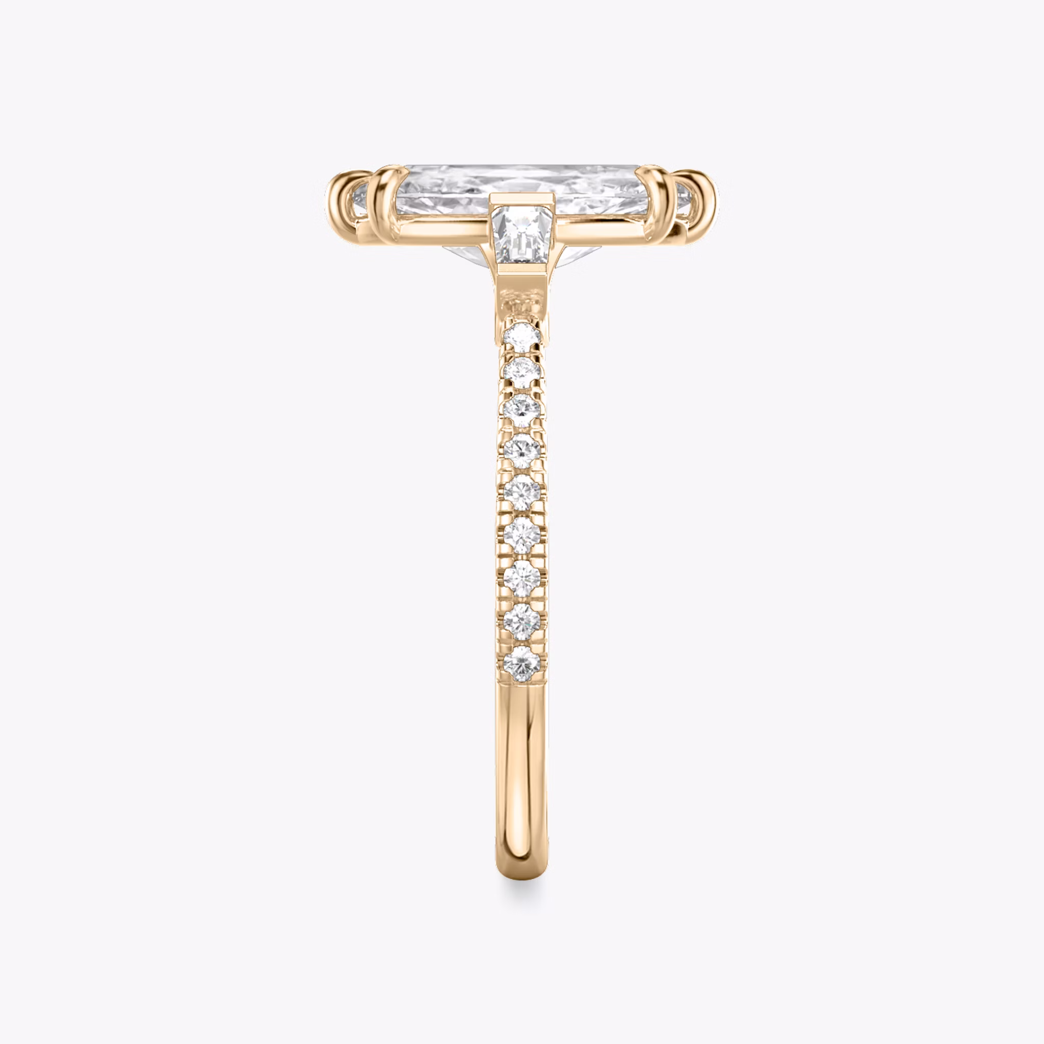 The Three Stone | Marquise | 14k | Rose Gold | bandAccent: Pavé | sideStoneCarat: 0.10ct | sideStoneShape: Tapered Baguette | diamondOrientation: vertical | caratWeight: other