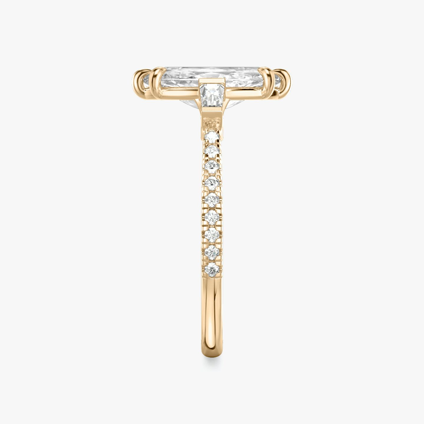 The Three Stone | Marquise | 14k | Rose Gold | bandAccent: Pavé | sideStoneCarat: 0.10ct | sideStoneShape: Tapered Baguette | diamondOrientation: vertical | caratWeight: other