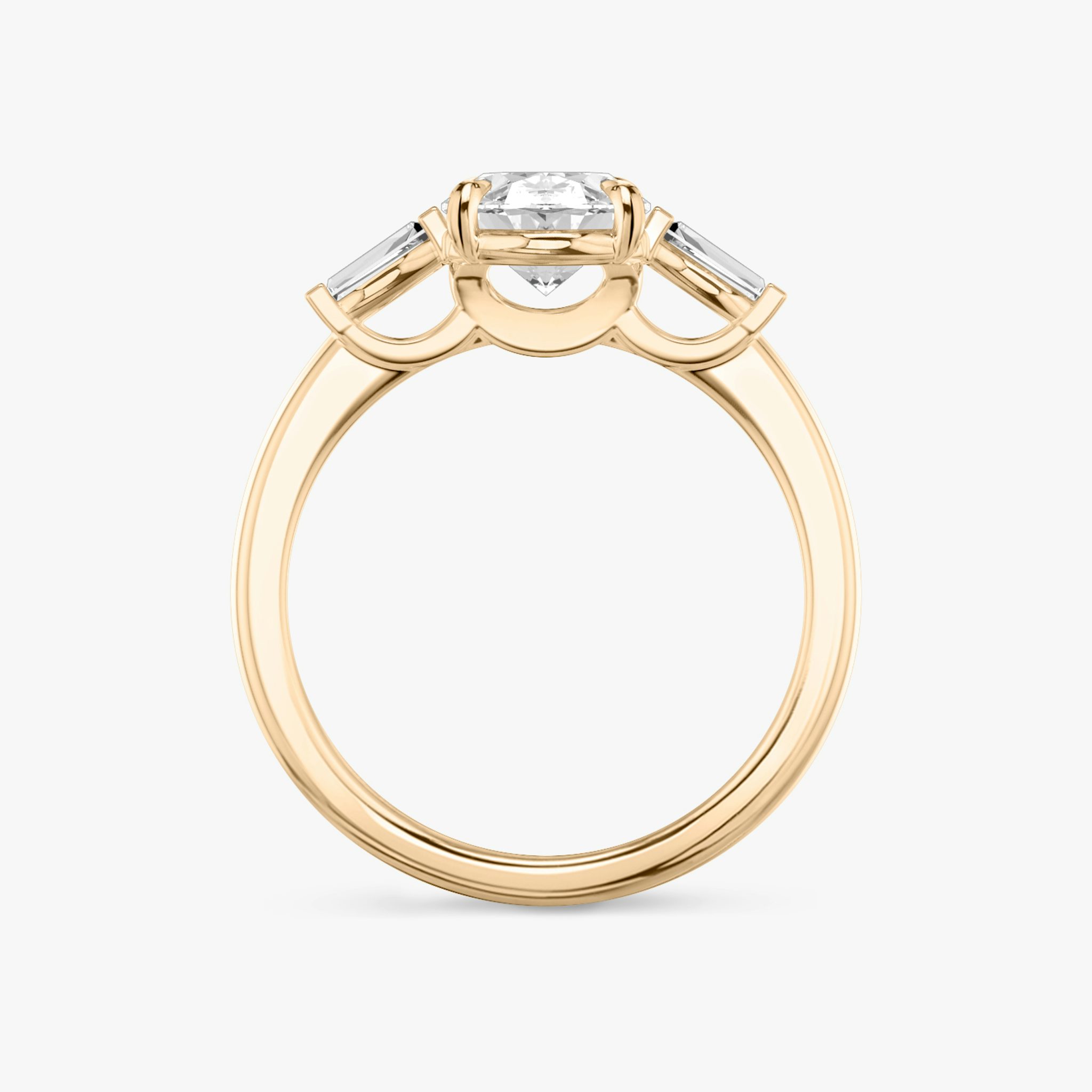 The Three Stone | Oval | 14k | Rose Gold | bandAccent: Plain | sideStoneCarat: 0.10ct | sideStoneShape: Tapered Baguette | diamondOrientation: vertical | caratWeight: other