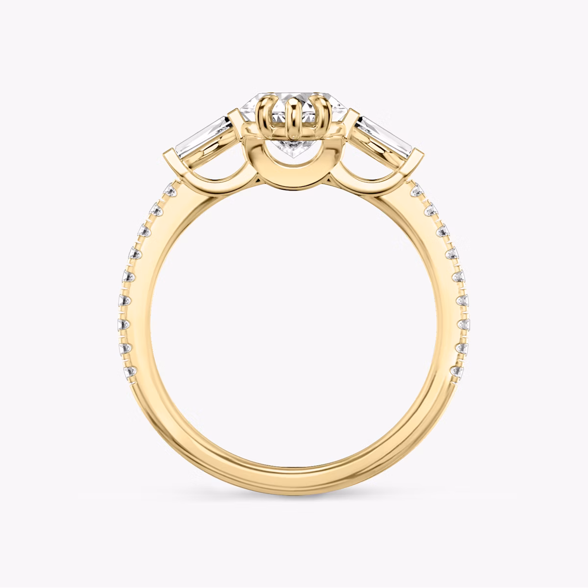 The Three Stone | Marquise | 18k | Yellow Gold | bandAccent: Pavé | sideStoneCarat: 0.10ct | sideStoneShape: Tapered Baguette | diamondOrientation: vertical | caratWeight: other