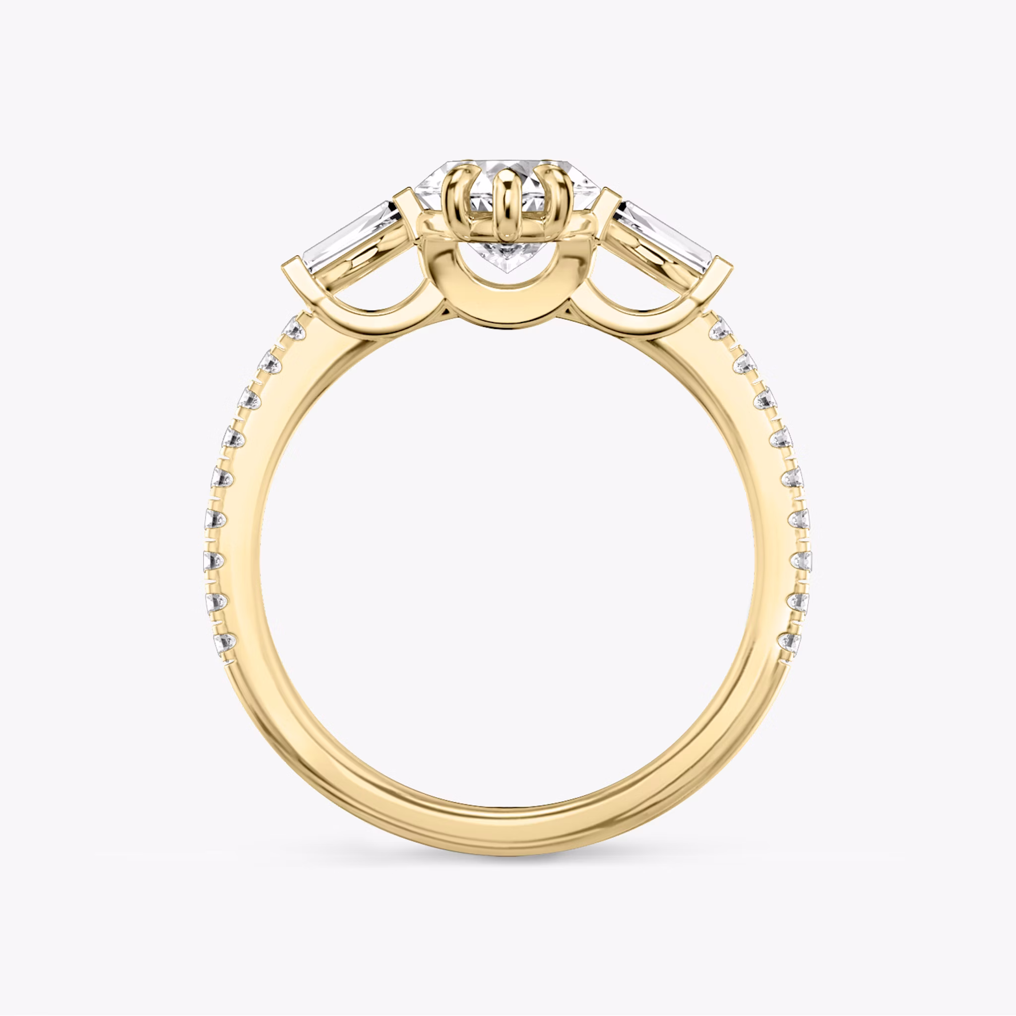 Three Stone | Marquise | 18k | Gelbgold | bandAccent: Mit Pavé-Besatz | sideStoneCarat: 0.10ct | sideStoneShape: Konisches Baguette | diamondOrientation: vertical | caratWeight: other