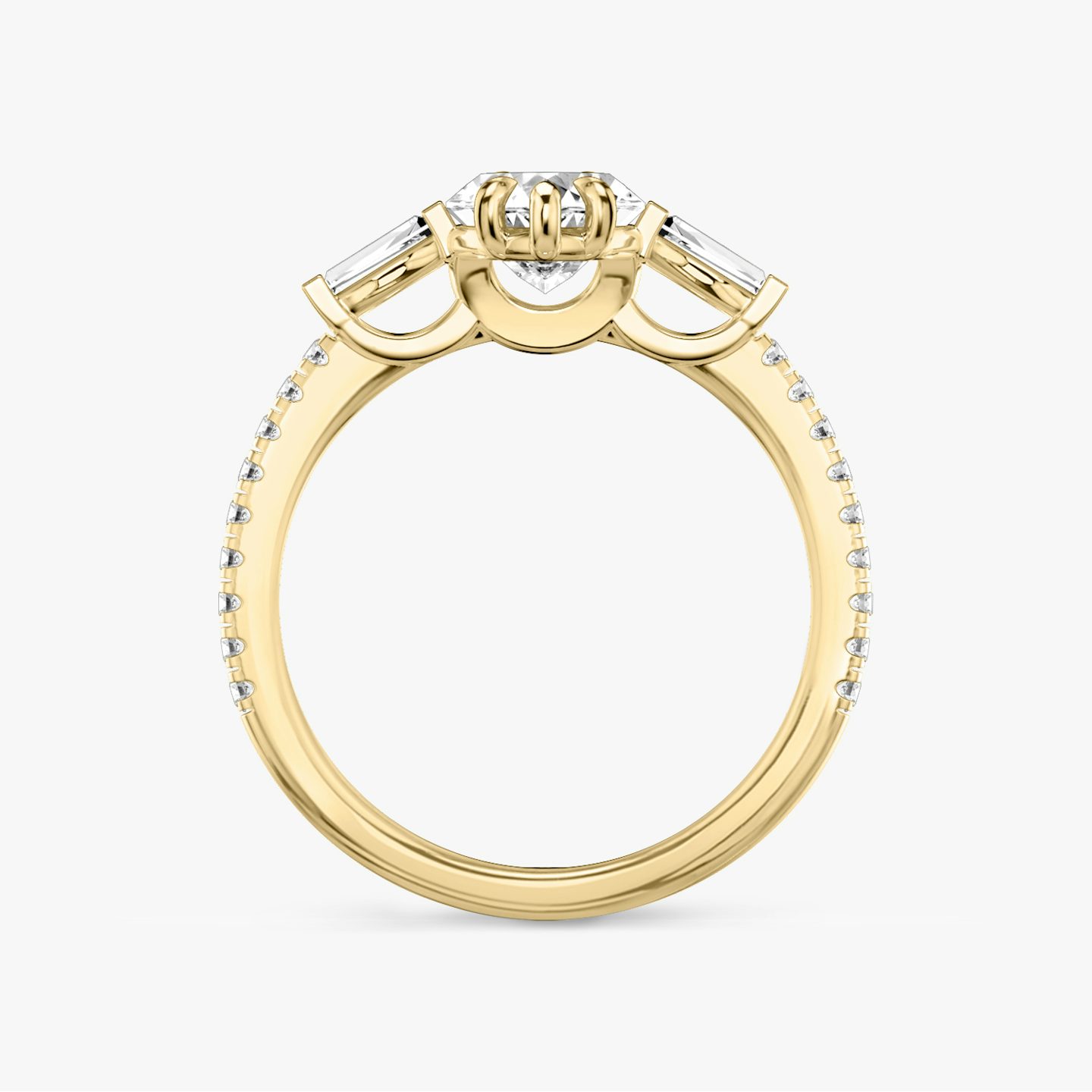 The Three Stone | Marquise | 18k | Yellow Gold | bandAccent: Pavé | sideStoneCarat: 0.10ct | sideStoneShape: Tapered Baguette | diamondOrientation: vertical | caratWeight: other