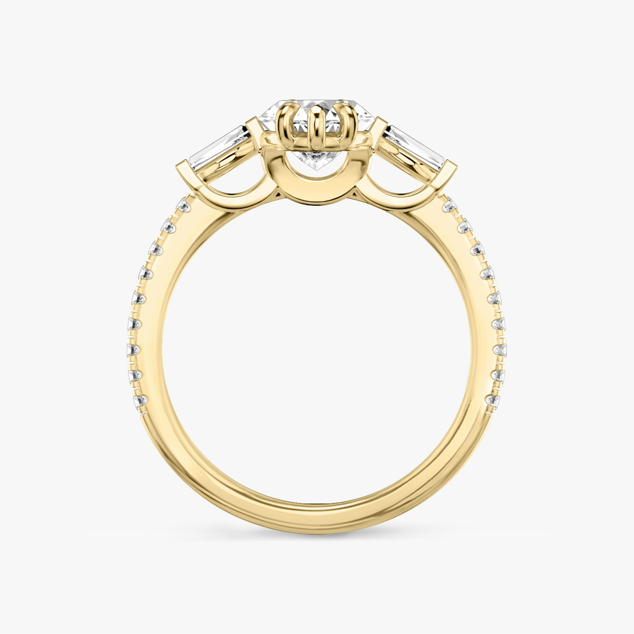Three Stone | Marquise | 18k | Gelbgold | bandAccent: Mit Pavé-Besatz | sideStoneCarat: 0.10ct | sideStoneShape: Konisches Baguette | diamondOrientation: vertical | caratWeight: other