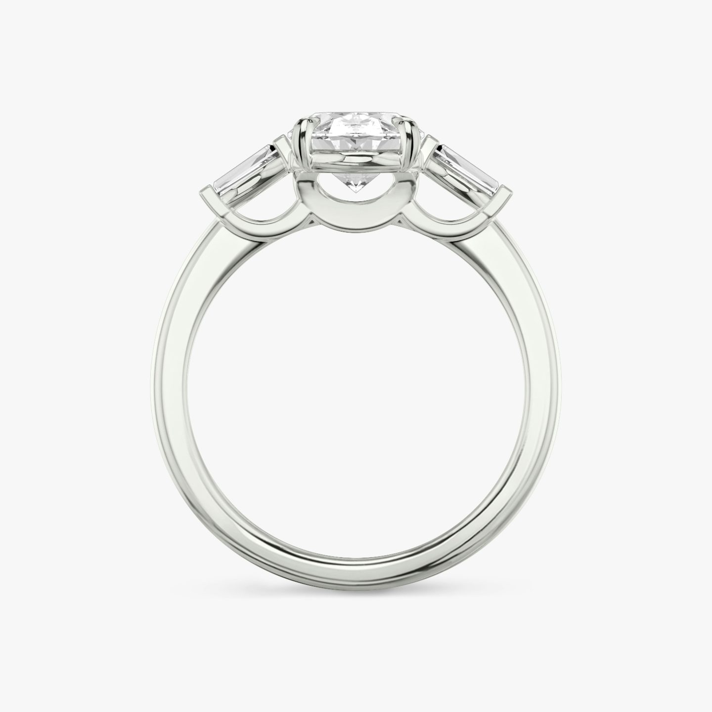 The Three Stone | Oval | 18k | White Gold | bandAccent: Plain | sideStoneCarat: 0.10ct | sideStoneShape: Tapered Baguette | diamondOrientation: vertical | caratWeight: other