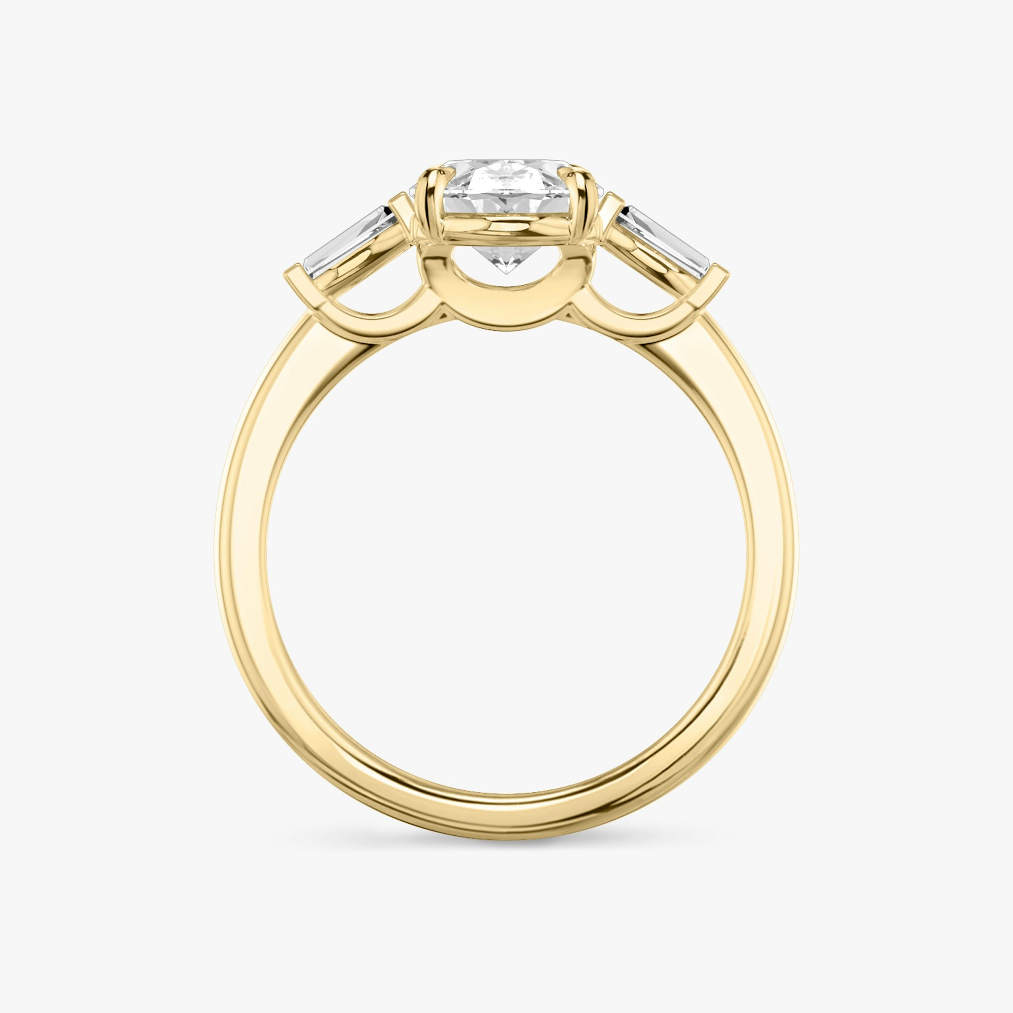 The Three Stone | Oval | 18k | Yellow Gold | bandAccent: Plain | sideStoneCarat: 0.10ct | sideStoneShape: Tapered Baguette | diamondOrientation: vertical | caratWeight: other