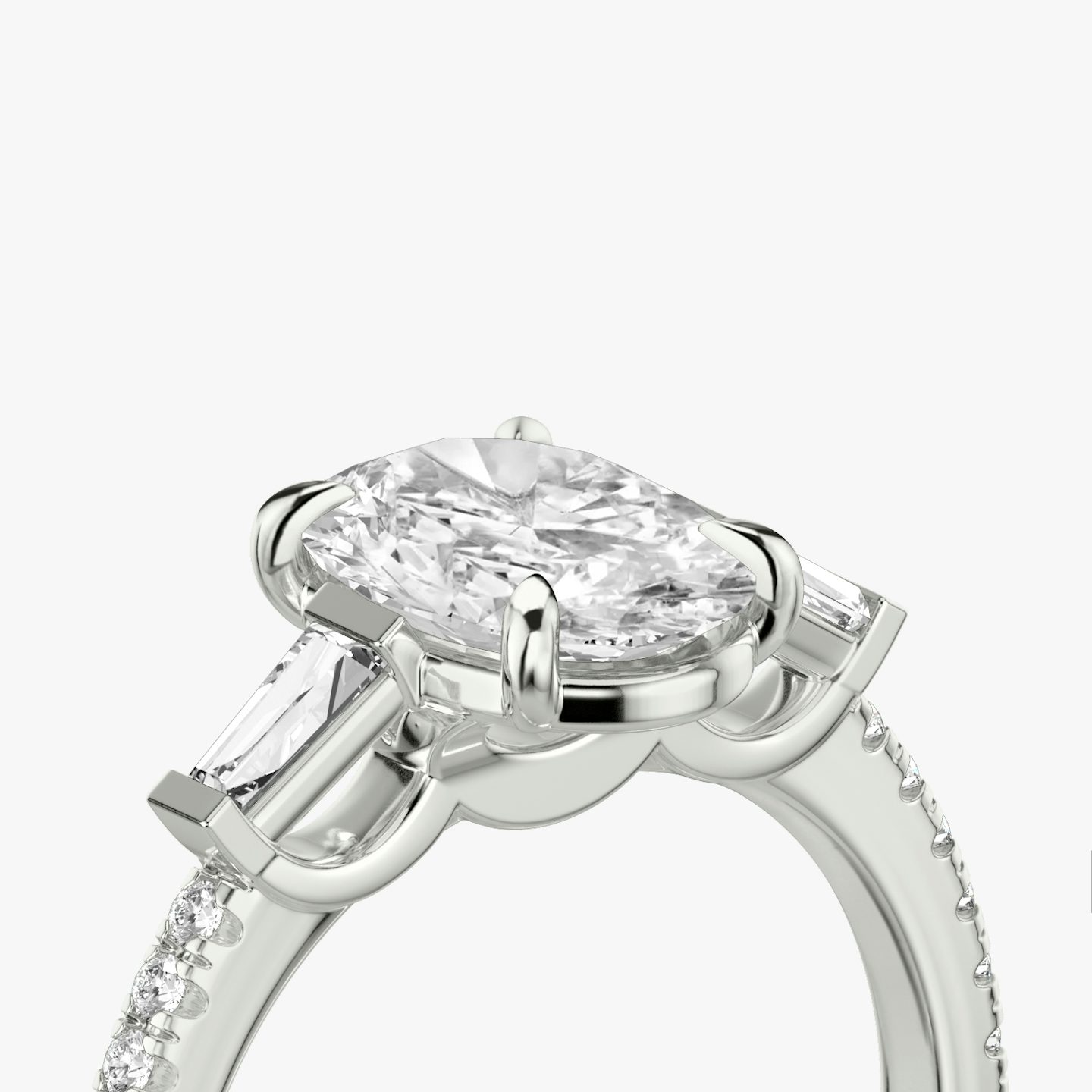 Three Stone | Oval | 18k | Weißgold | bandAccent: Mit Pavé-Besatz | sideStoneCarat: 0.10ct | sideStoneShape: Konisches Baguette | diamondOrientation: vertical | caratWeight: other