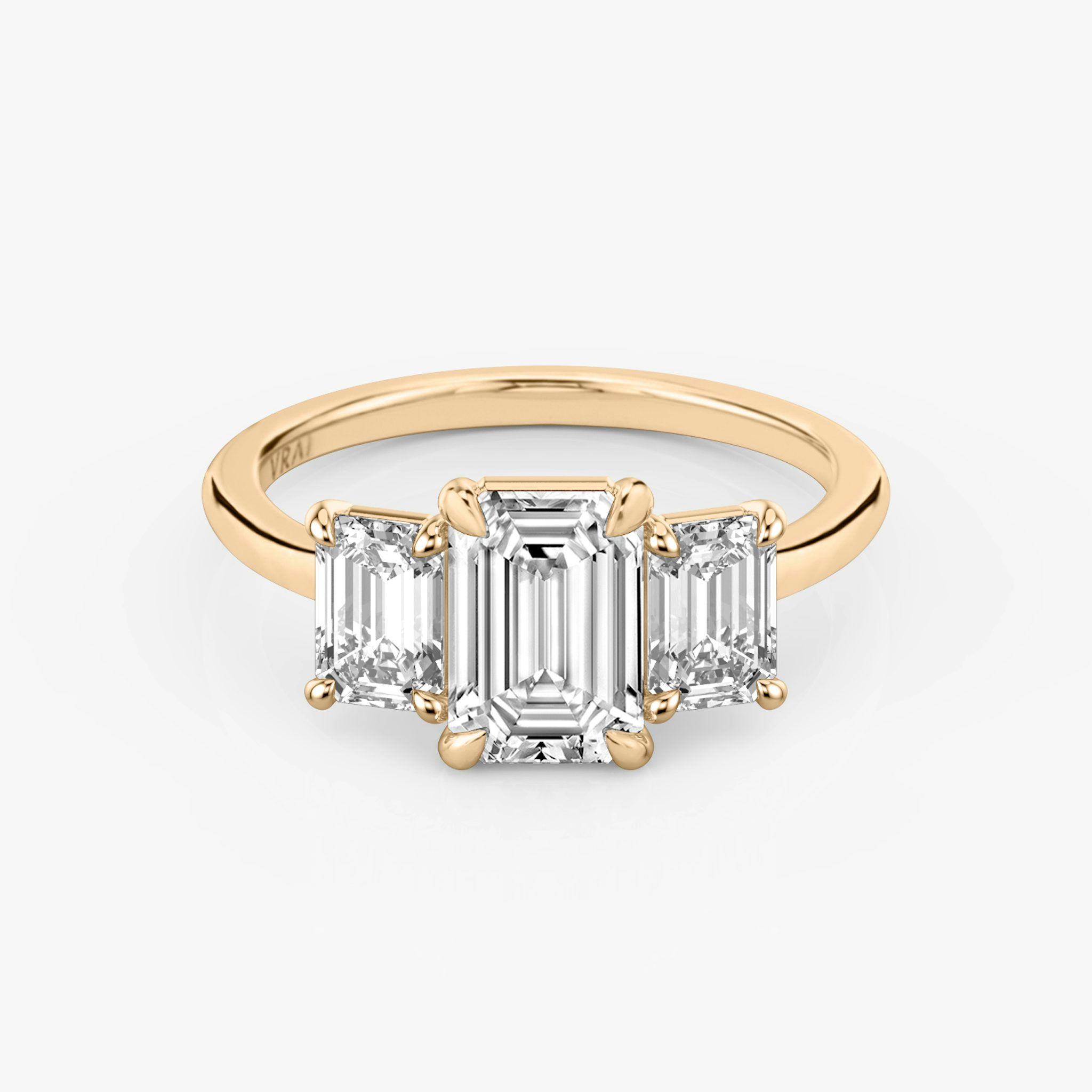 The Three Stone | Emerald | 14k | Rose Gold | bandAccent: Plain | sideStoneCarat: 0.50ct | sideStoneShape: Emerald | diamondOrientation: vertical | caratWeight: other