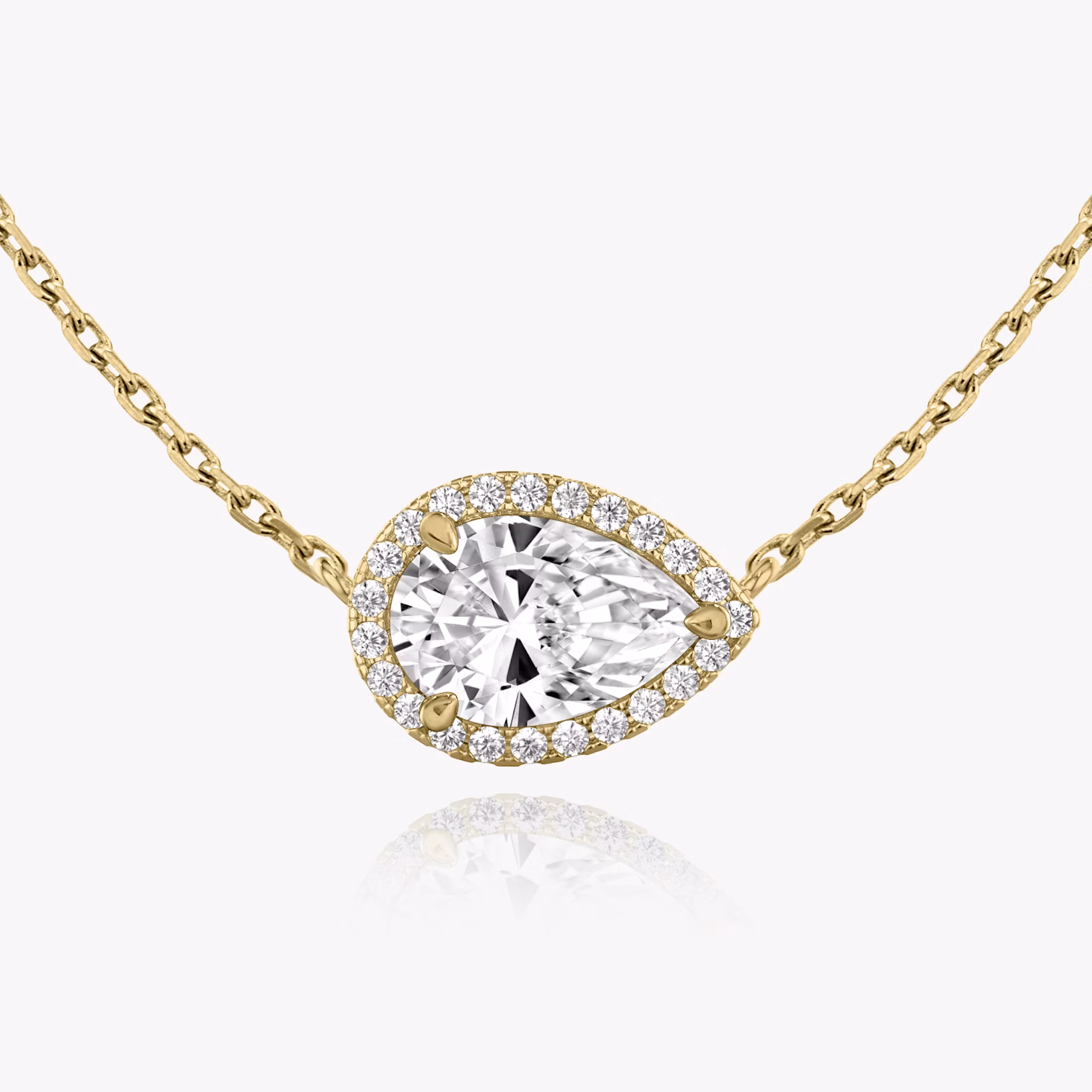 halo pear diamond necklace yellow gold