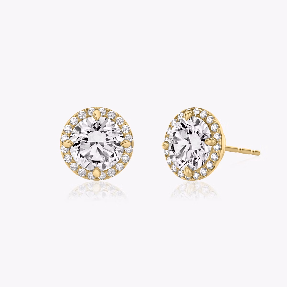 0.40ct round brilliant diamond stud in yellow gold with halo setting, enhancing sparkle in elegant fine jewelry design.