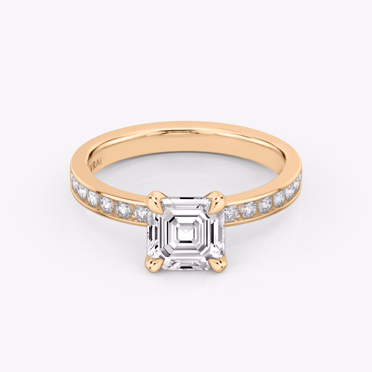 The Devotion | Asscher | 14k | Rose Gold | bandAccent: Pavé | bandStoneShape: Round Brilliant | bandStoneStyle: large | diamondOrientation: vertical | caratWeight: other