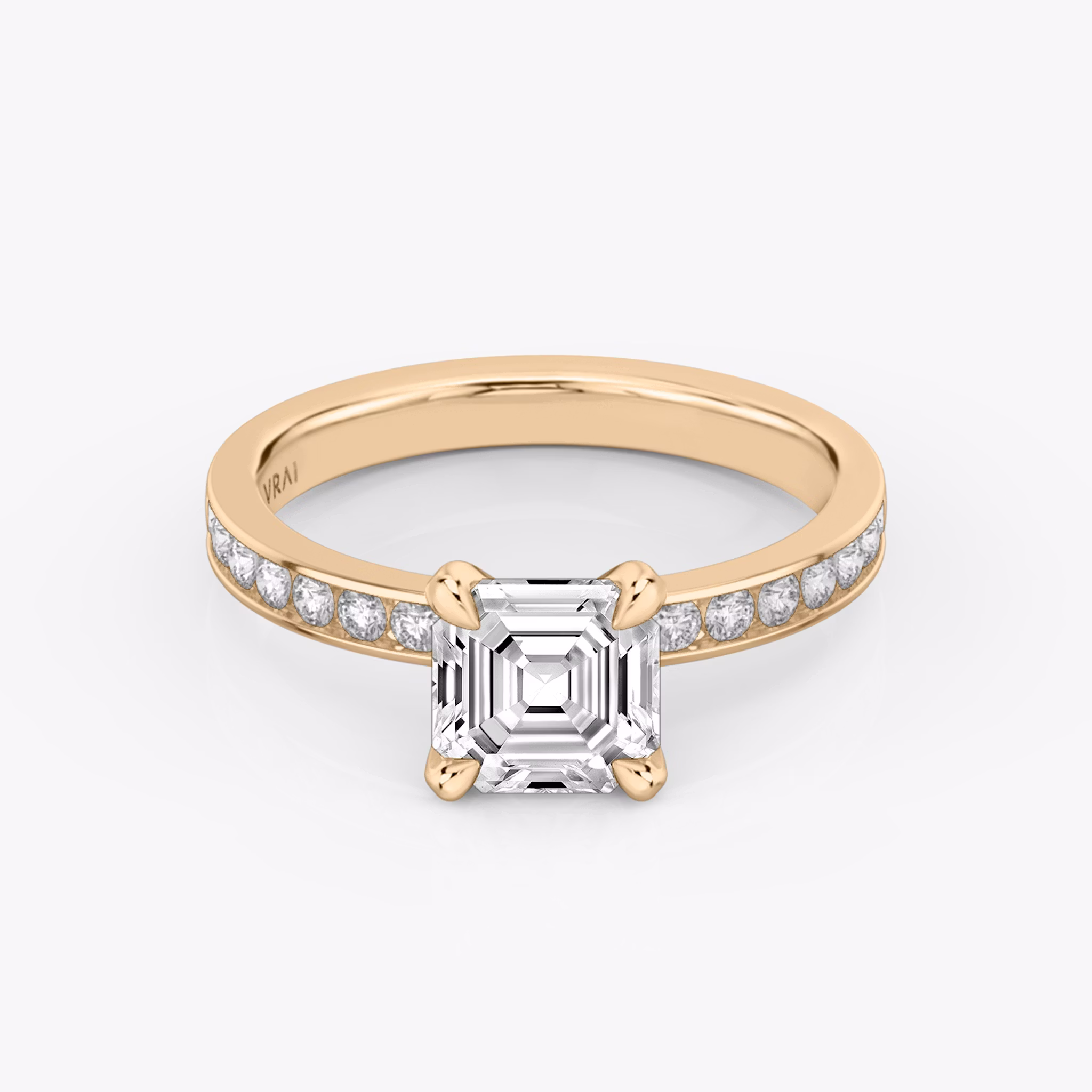 The Devotion | Asscher | 14k | Rose Gold | bandAccent: Pavé | bandStoneShape: Round Brilliant | bandStoneStyle: large | diamondOrientation: vertical | caratWeight: other