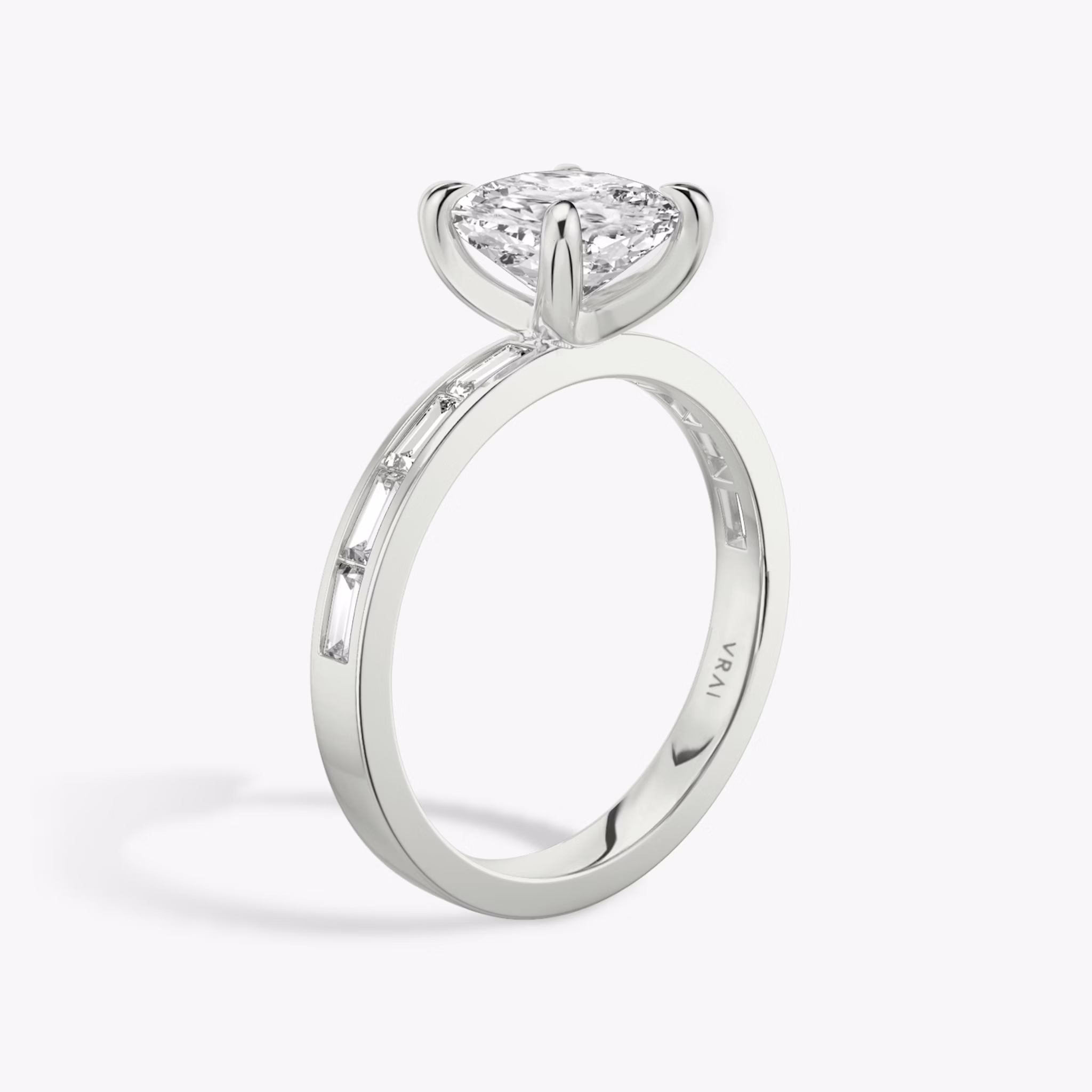 The Devotion | Cushion | Platinum | bandAccent: Pavé | bandStoneShape: Baguette | bandStoneStyle: original | diamondOrientation: vertical | caratWeight: other