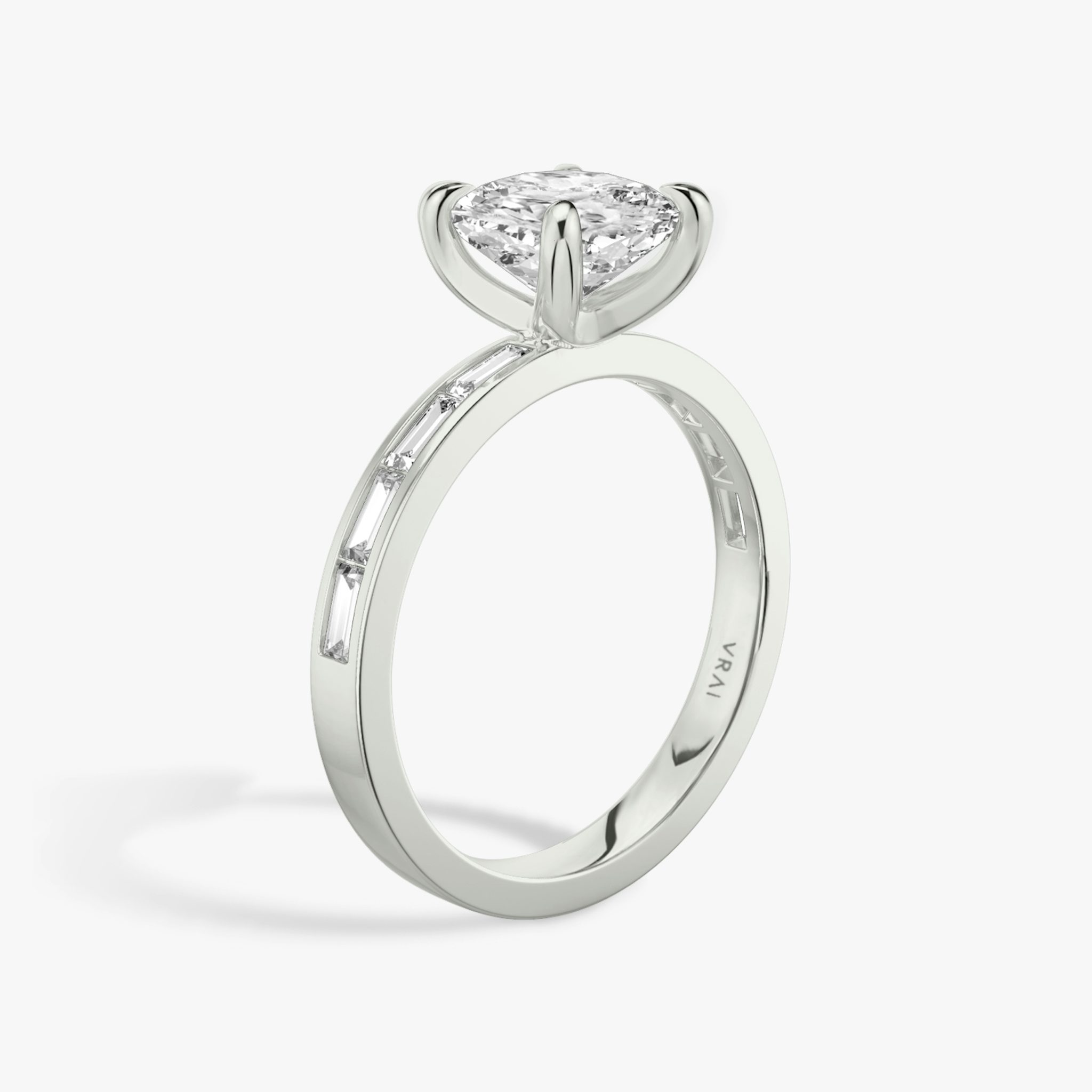 The Devotion | Cushion | Platinum | bandAccent: Pavé | bandStoneShape: Baguette | bandStoneStyle: original | diamondOrientation: vertical | caratWeight: other