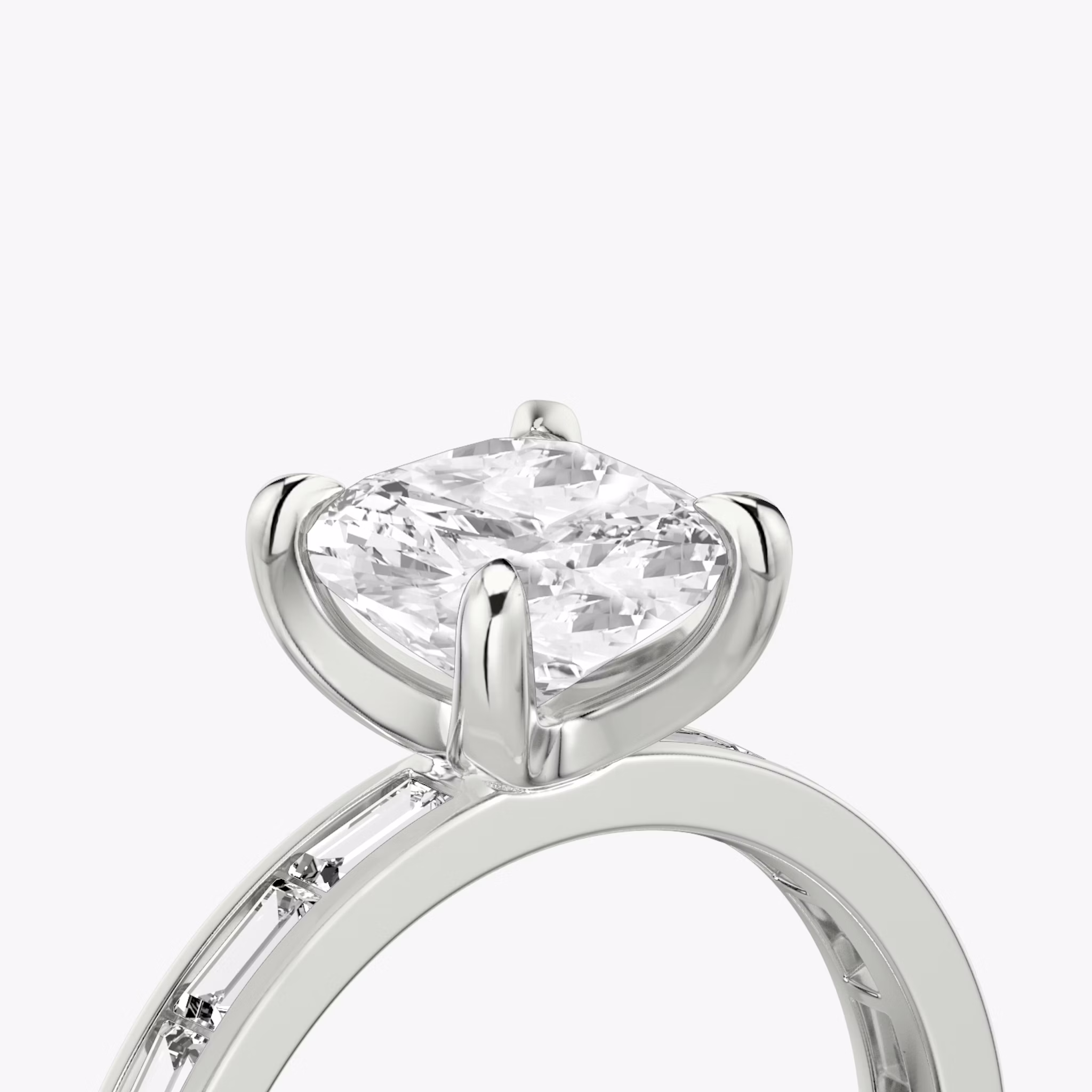 The Devotion | Cushion | Platinum | bandAccent: Pavé | bandStoneShape: Baguette | bandStoneStyle: original | diamondOrientation: vertical | caratWeight: other