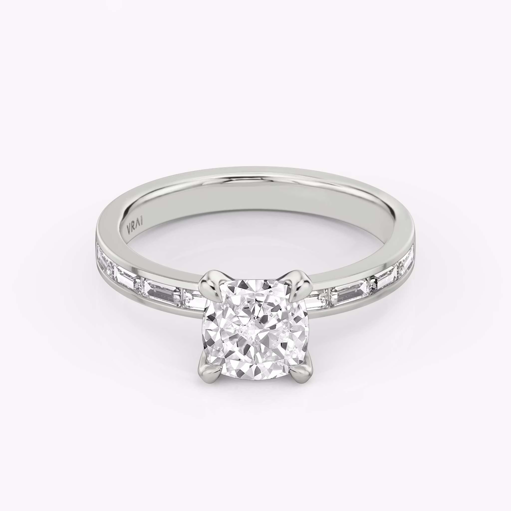 The Devotion | Cushion | Platinum | bandAccent: Pavé | bandStoneShape: Baguette | bandStoneStyle: original | diamondOrientation: vertical | caratWeight: other