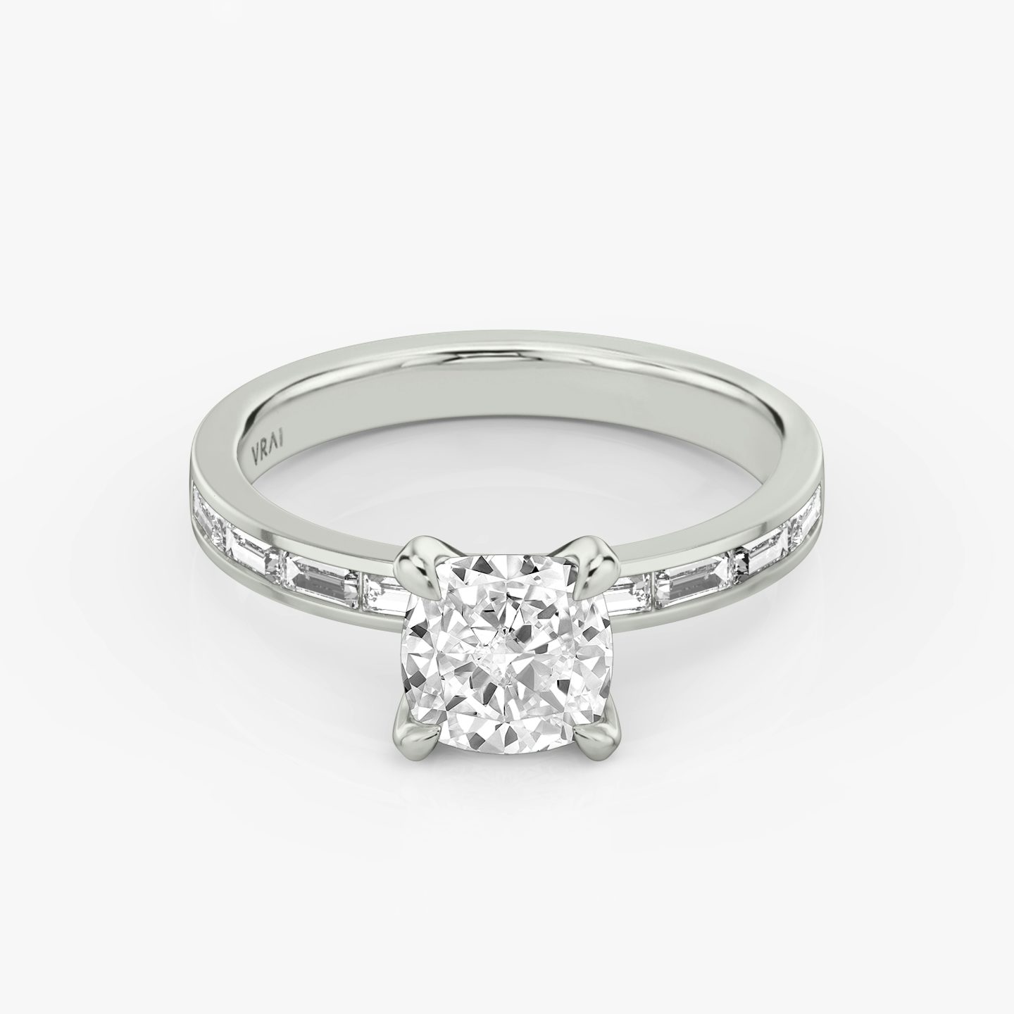 The Devotion | Cushion | Platinum | bandAccent: Pavé | bandStoneShape: Baguette | bandStoneStyle: original | diamondOrientation: vertical | caratWeight: other