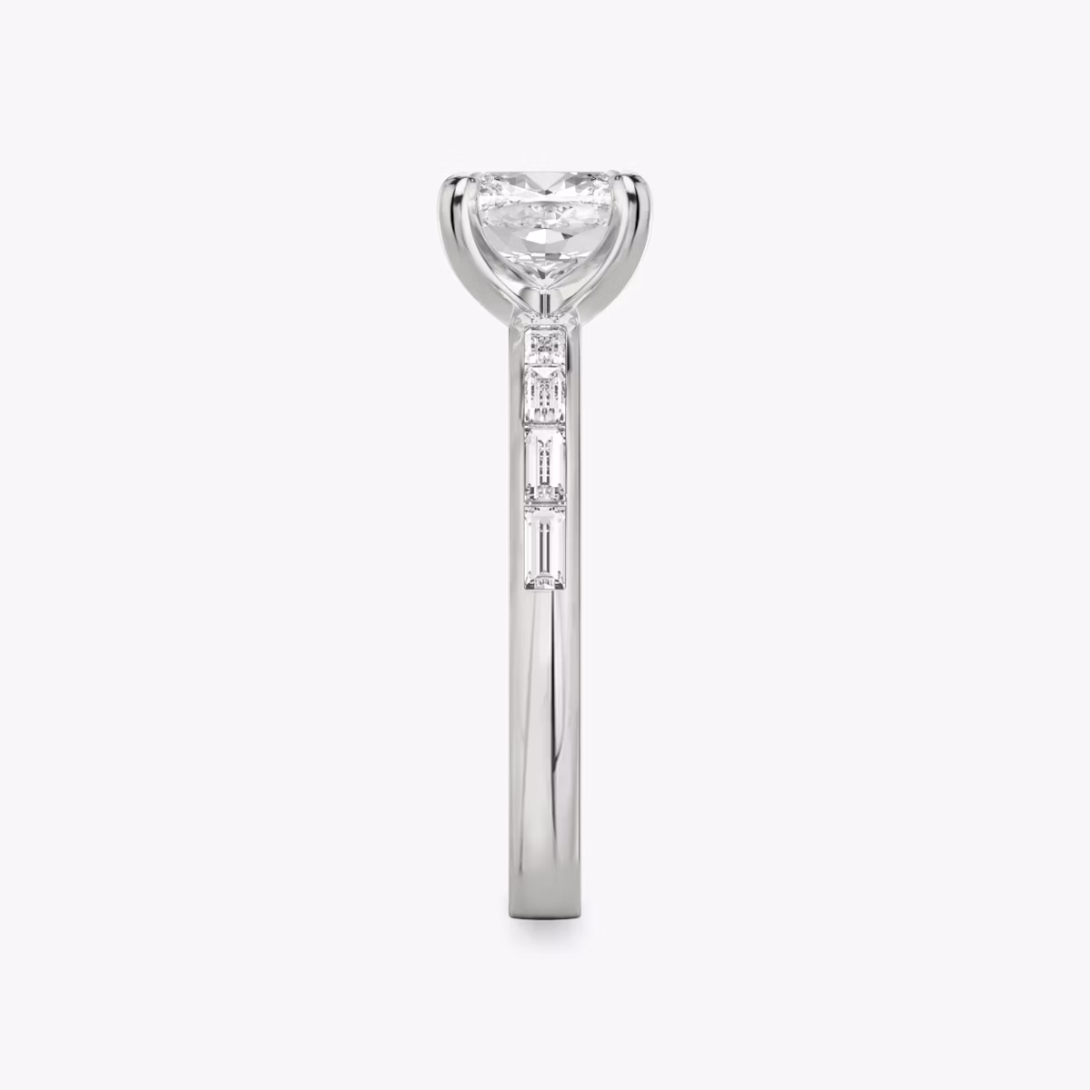 The Devotion | Cushion | Platinum | bandAccent: Pavé | bandStoneShape: Baguette | bandStoneStyle: original | diamondOrientation: vertical | caratWeight: other