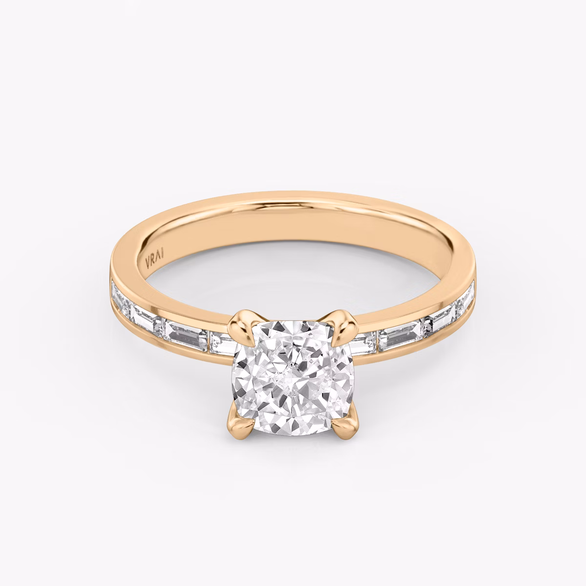 The Devotion | Cushion | 14k | Rose Gold | bandAccent: Pavé | bandStoneShape: Baguette | bandStoneStyle: original | diamondOrientation: vertical | caratWeight: other