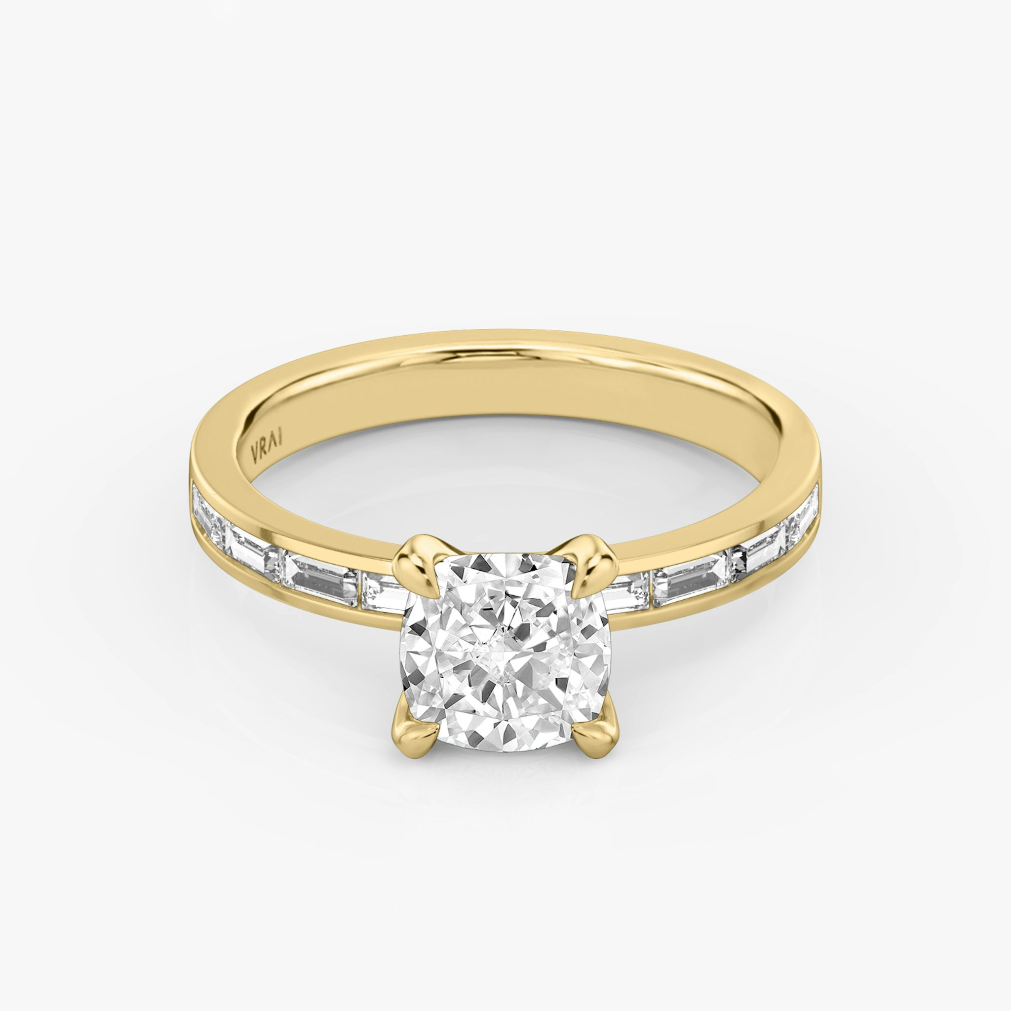 The Devotion | Cushion | 18k | Yellow Gold | bandAccent: Pavé | bandStoneShape: Baguette | bandStoneStyle: original | diamondOrientation: vertical | caratWeight: other
