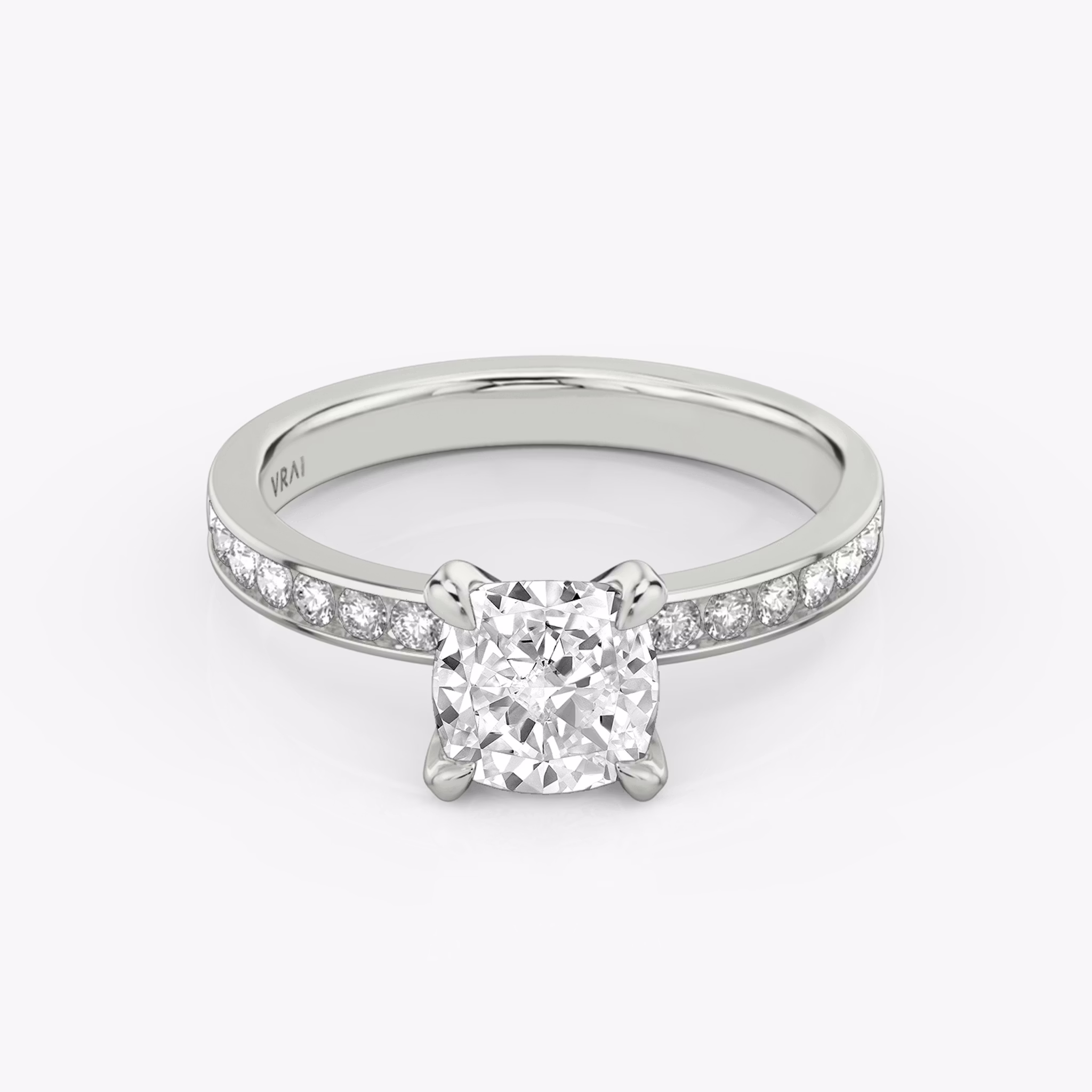 The Devotion | Cushion | Platinum | bandAccent: Pavé | bandStoneShape: Round Brilliant | bandStoneStyle: large | diamondOrientation: vertical | caratWeight: other