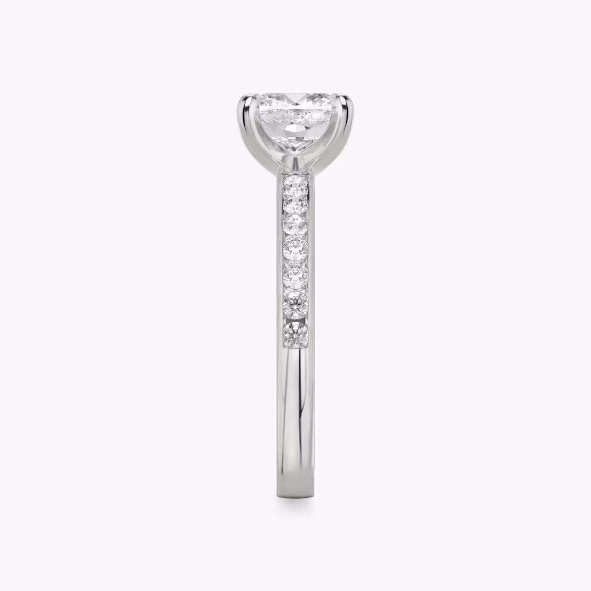 The Devotion | Cushion | Platinum | bandAccent: Pavé | bandStoneShape: Round Brilliant | bandStoneStyle: large | diamondOrientation: vertical | caratWeight: other