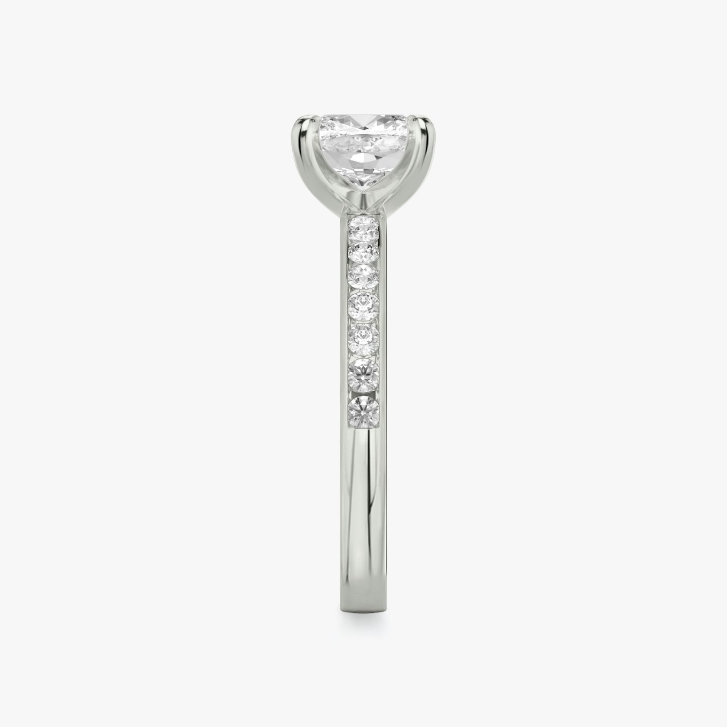 The Devotion | Cushion | Platinum | bandAccent: Pavé | bandStoneShape: Round Brilliant | bandStoneStyle: large | diamondOrientation: vertical | caratWeight: other
