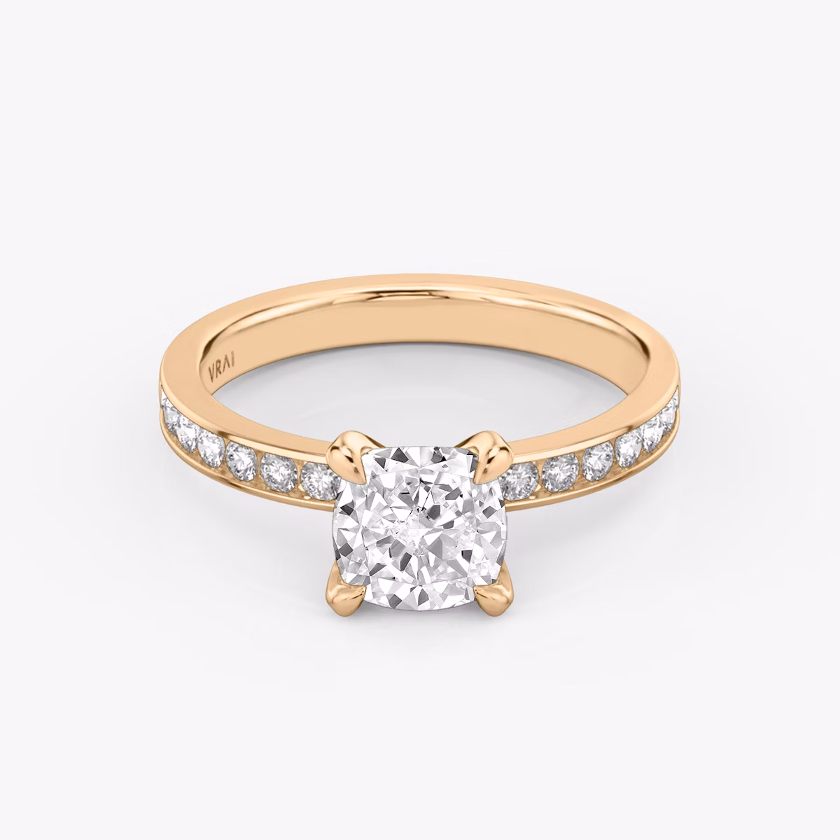 The Devotion | Cushion | 14k | Rose Gold | bandAccent: Pavé | bandStoneShape: Round Brilliant | bandStoneStyle: large | diamondOrientation: vertical | caratWeight: other