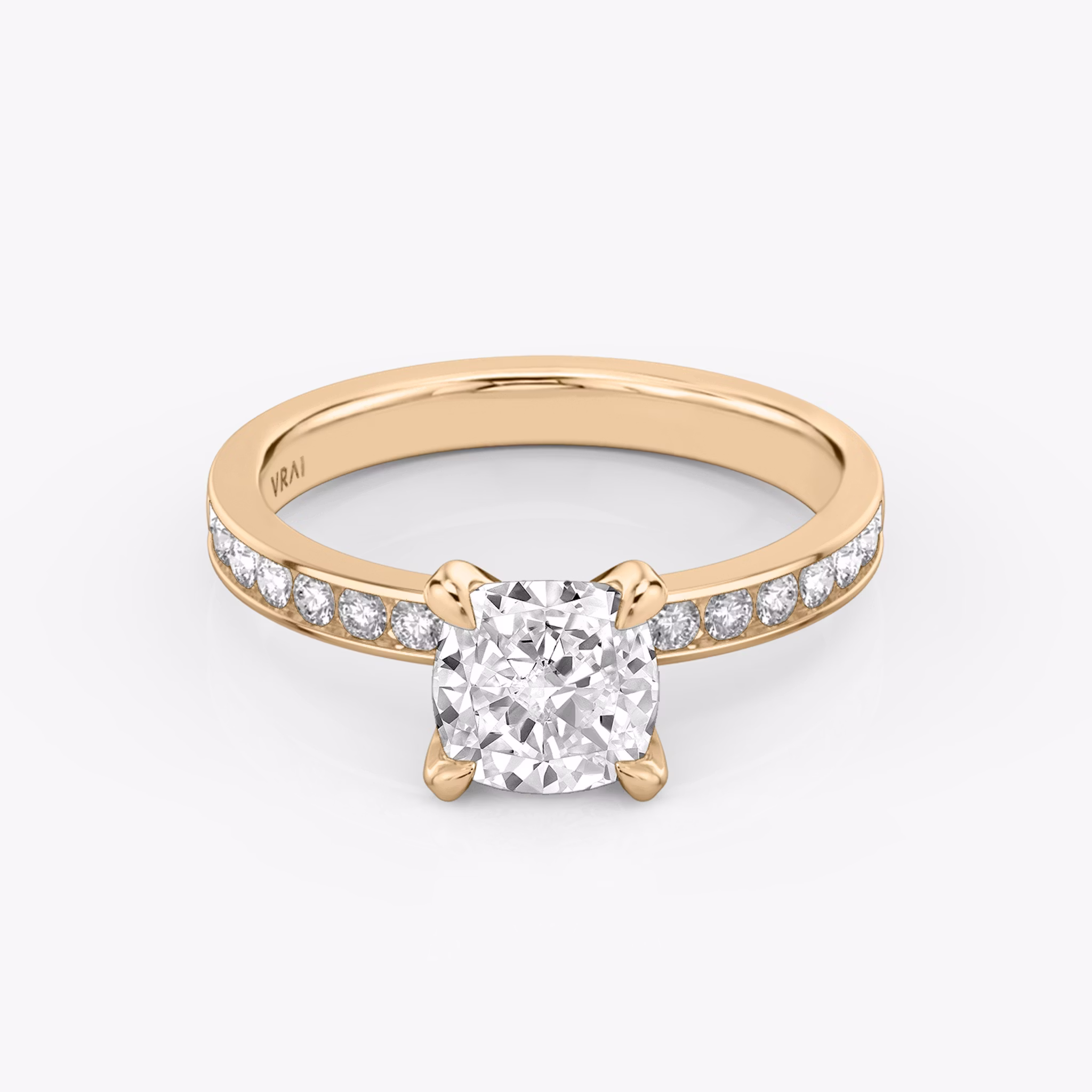 The Devotion | Cushion | 14k | Rose Gold | bandAccent: Pavé | bandStoneShape: Round Brilliant | bandStoneStyle: large | diamondOrientation: vertical | caratWeight: other