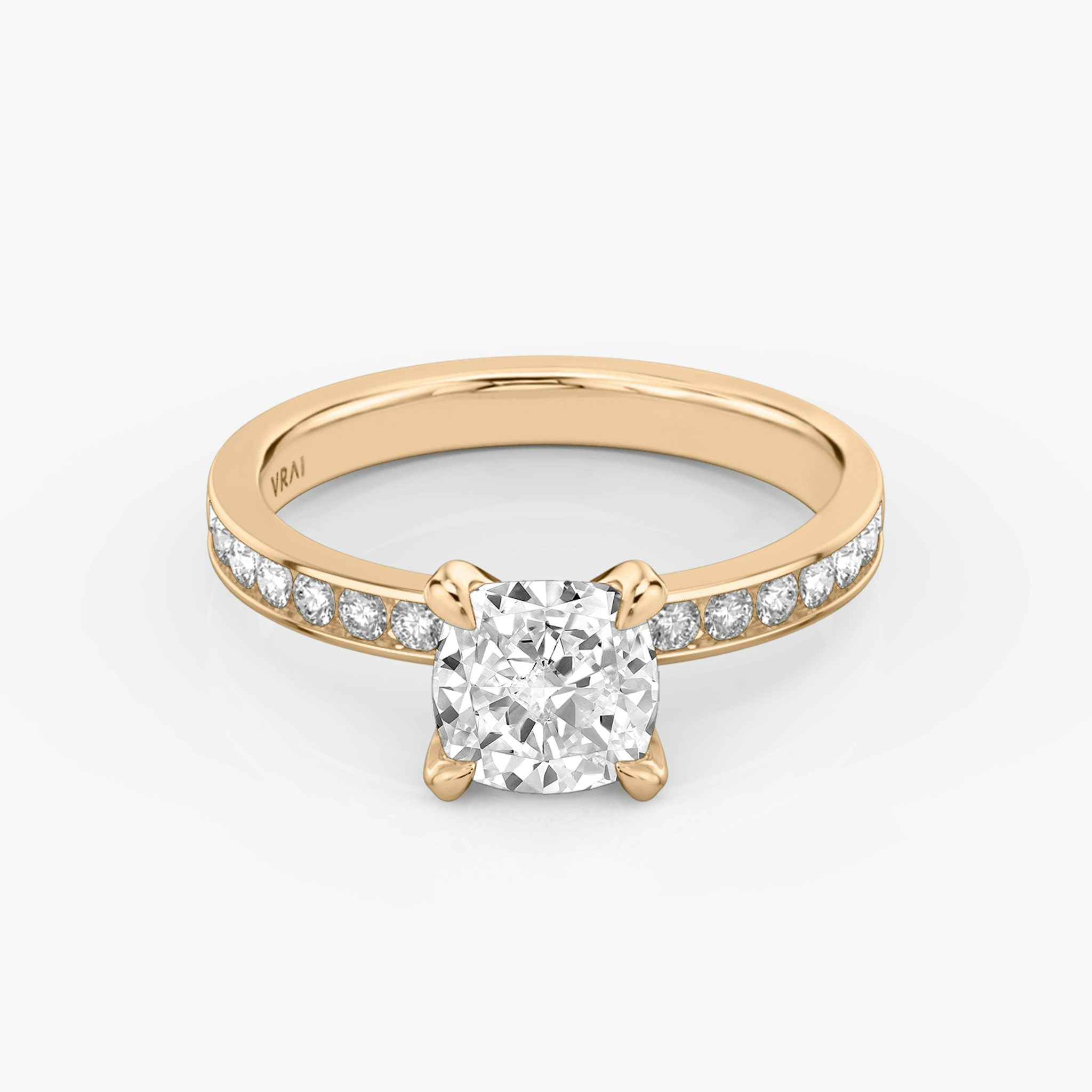 The Devotion | Cushion | 14k | Rose Gold | bandAccent: Pavé | bandStoneShape: Round Brilliant | bandStoneStyle: large | diamondOrientation: vertical | caratWeight: other
