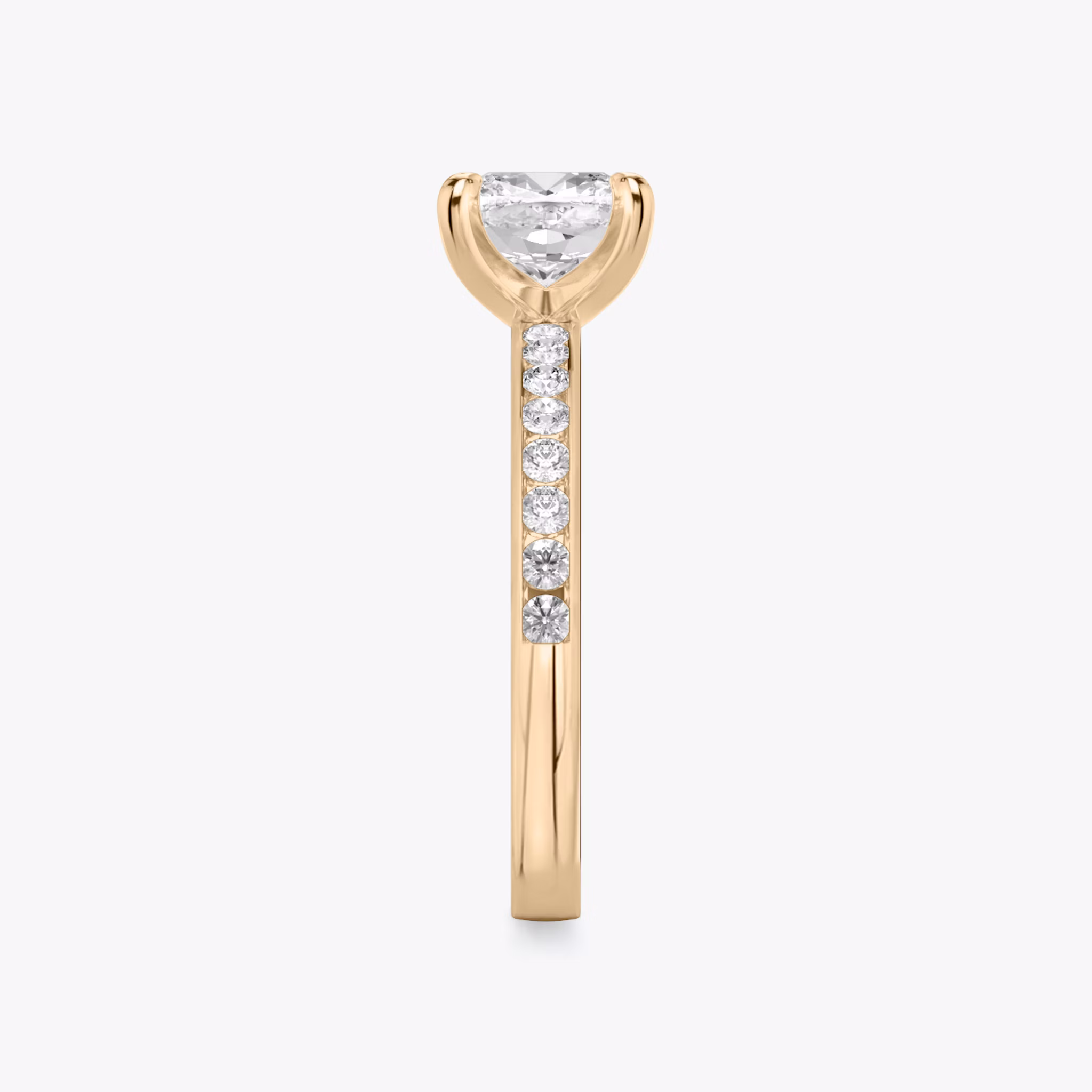 The Devotion | Cushion | 14k | Rose Gold | bandAccent: Pavé | bandStoneShape: Round Brilliant | bandStoneStyle: large | diamondOrientation: vertical | caratWeight: other