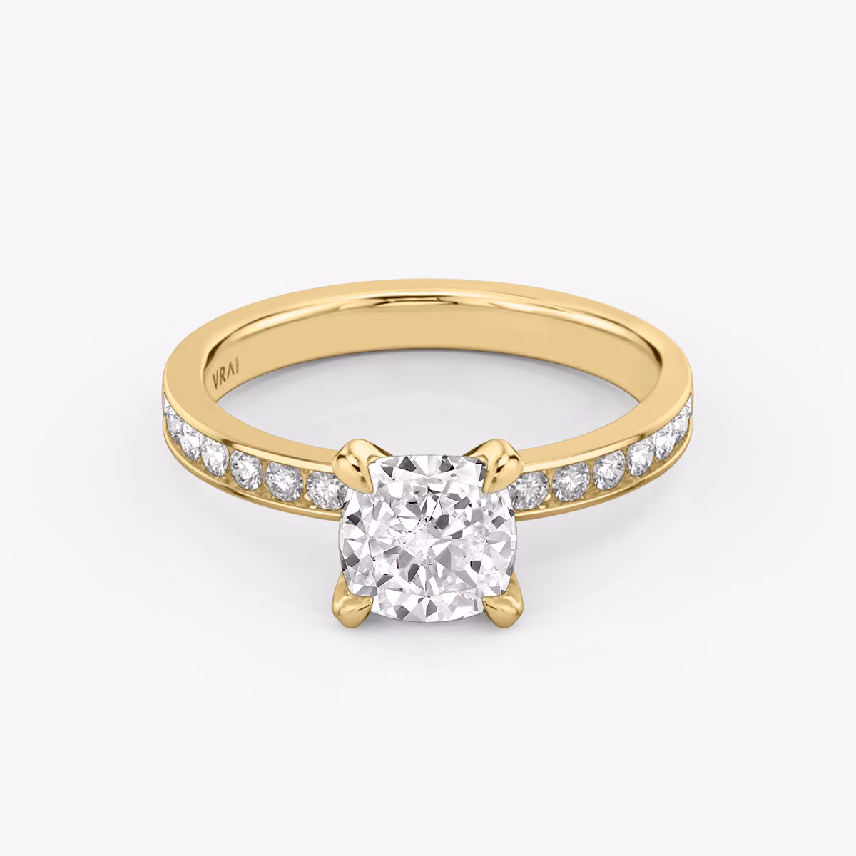 The Devotion | Cushion | 18k | Yellow Gold | bandAccent: Pavé | bandStoneShape: Round Brilliant | bandStoneStyle: large | diamondOrientation: vertical | caratWeight: other