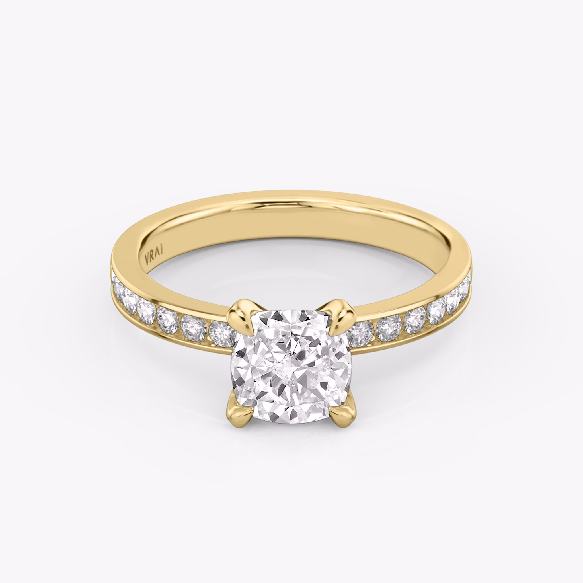 The Devotion | Cushion | 18k | Yellow Gold | bandAccent: Pavé | bandStoneShape: Round Brilliant | bandStoneStyle: large | diamondOrientation: vertical | caratWeight: other