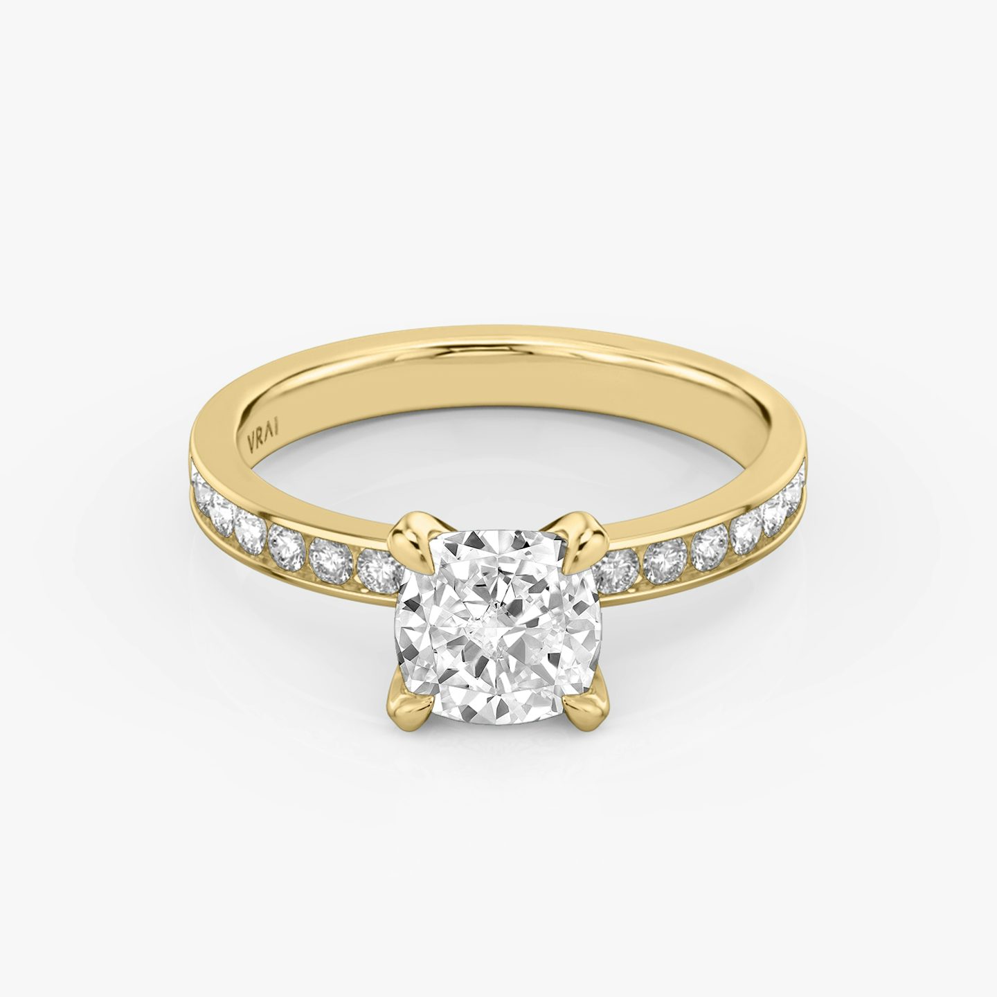 The Devotion | Cushion | 18k | Yellow Gold | bandAccent: Pavé | bandStoneShape: Round Brilliant | bandStoneStyle: large | diamondOrientation: vertical | caratWeight: other