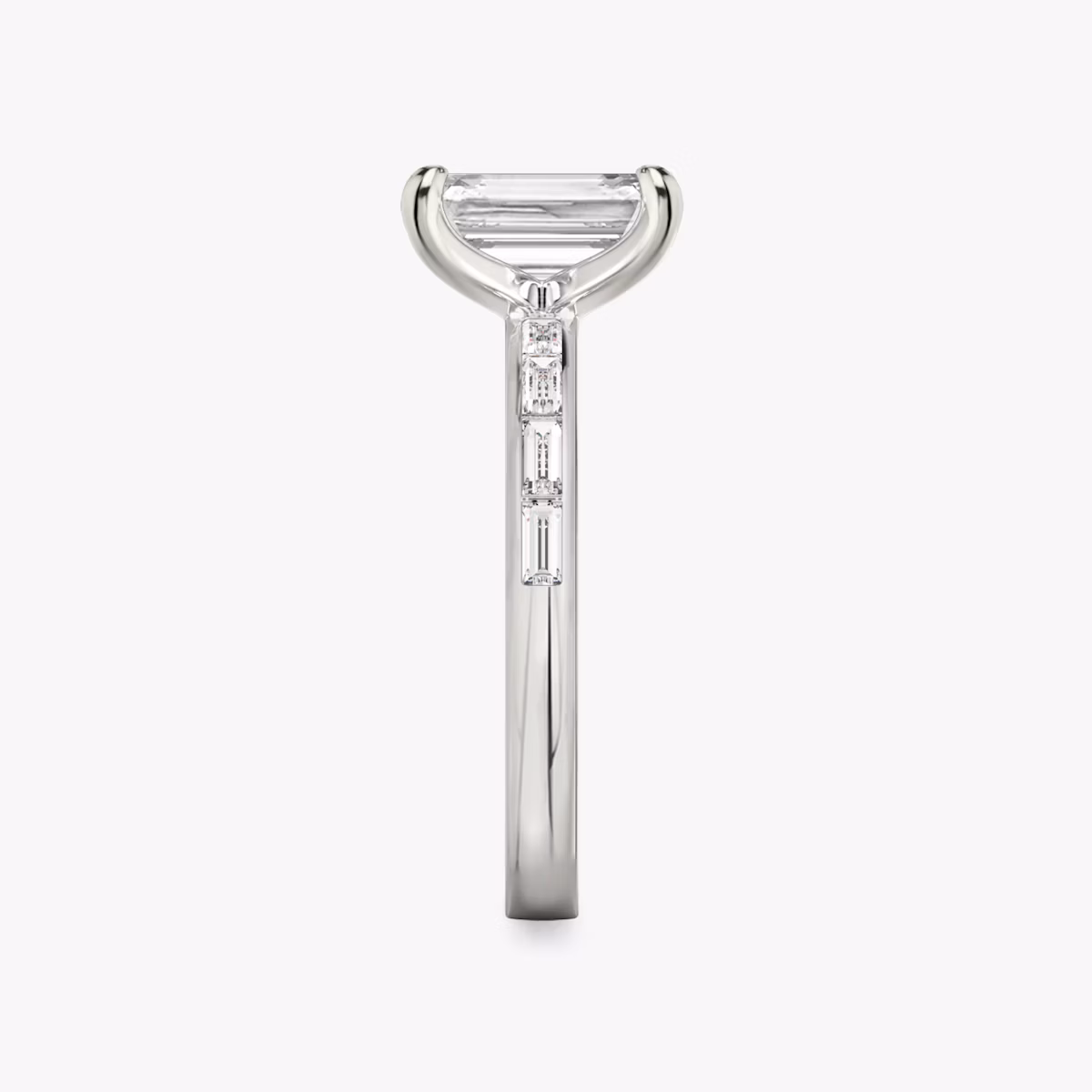 The Devotion | Emerald | Platinum | bandAccent: Pavé | bandStoneShape: Baguette | bandStoneStyle: original | diamondOrientation: vertical | caratWeight: other