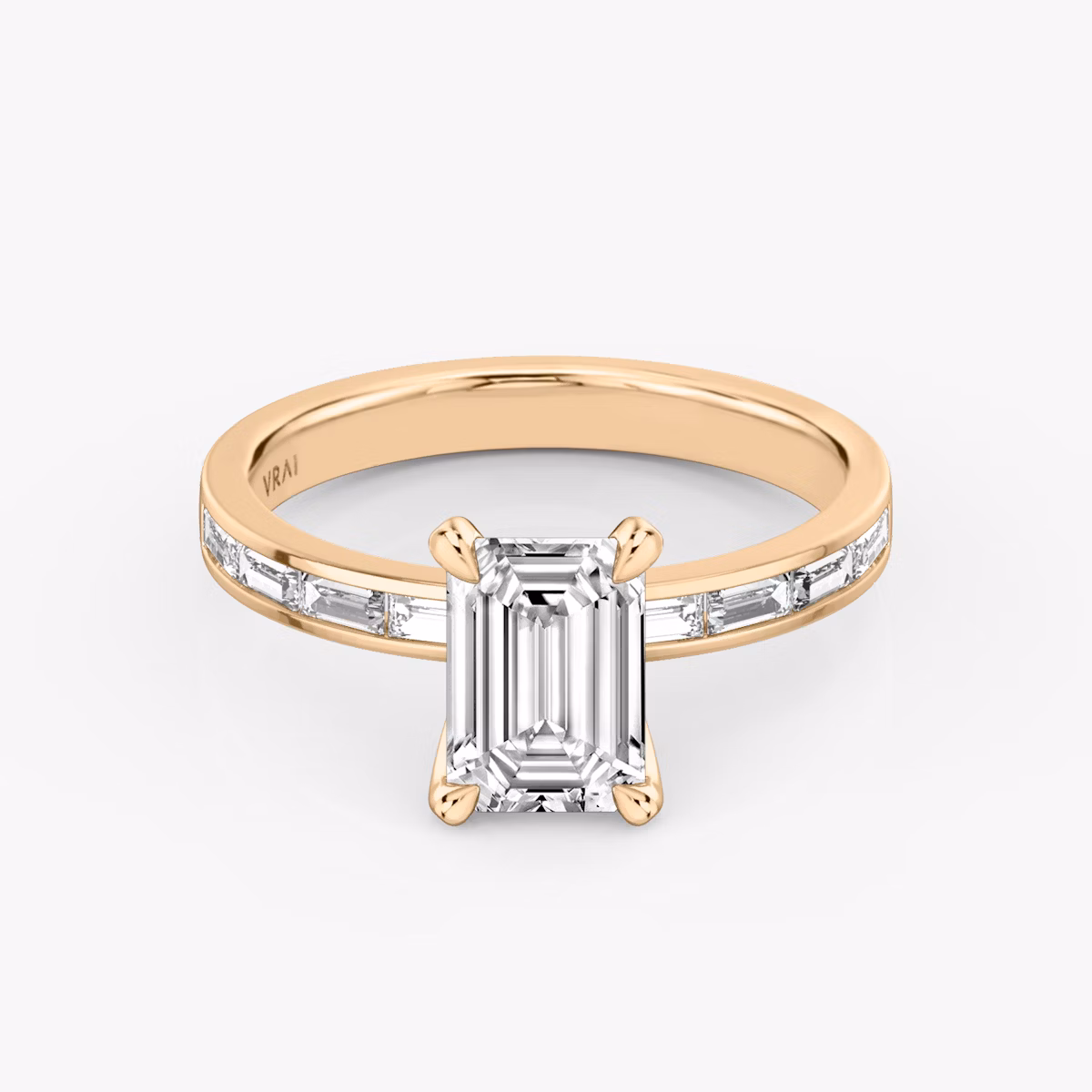 The Devotion | Emerald | 14k | Rose Gold | bandAccent: Pavé | bandStoneShape: Baguette | bandStoneStyle: original | diamondOrientation: vertical | caratWeight: other