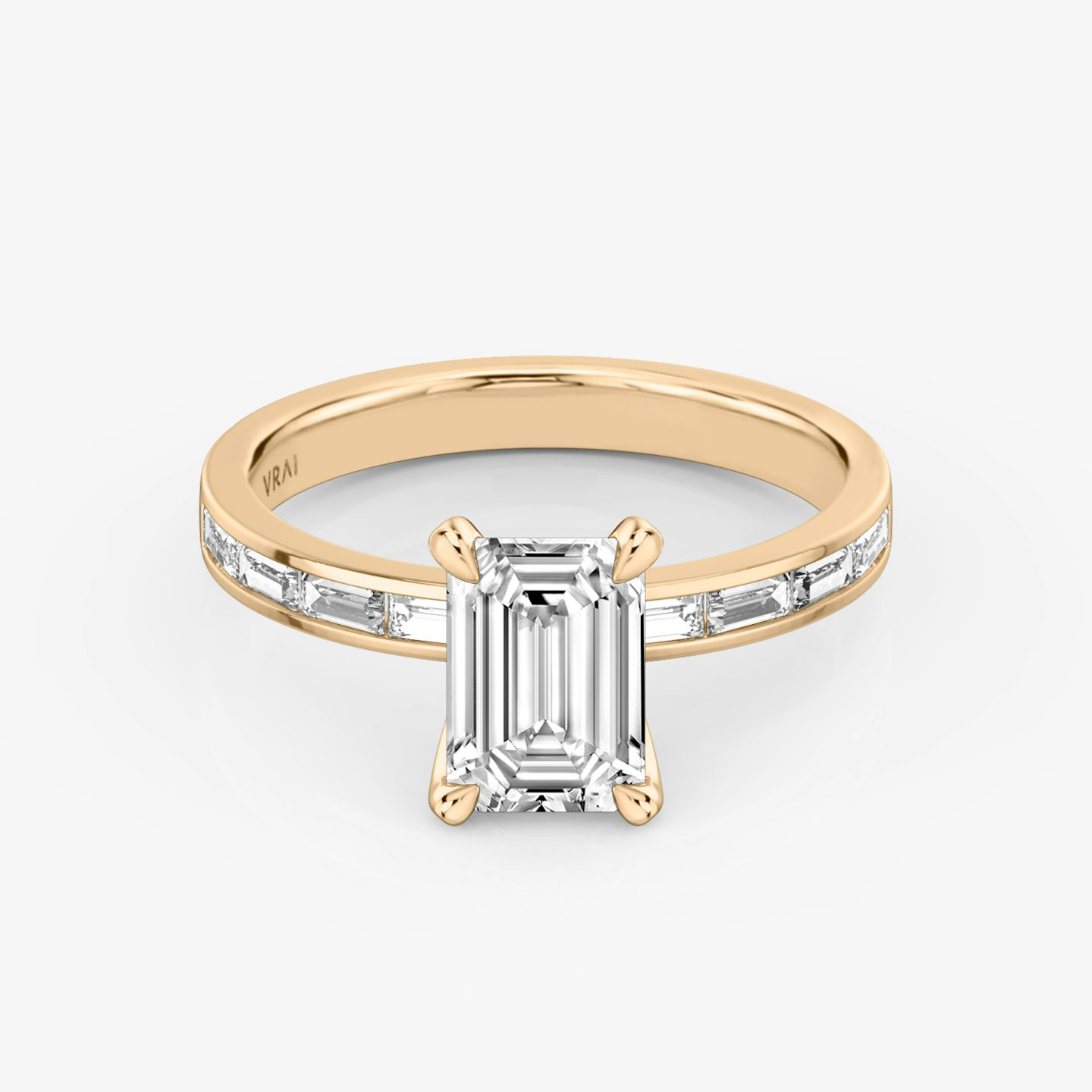 The Devotion | Emerald | 14k | Rose Gold | bandAccent: Pavé | bandStoneShape: Baguette | bandStoneStyle: original | diamondOrientation: vertical | caratWeight: other