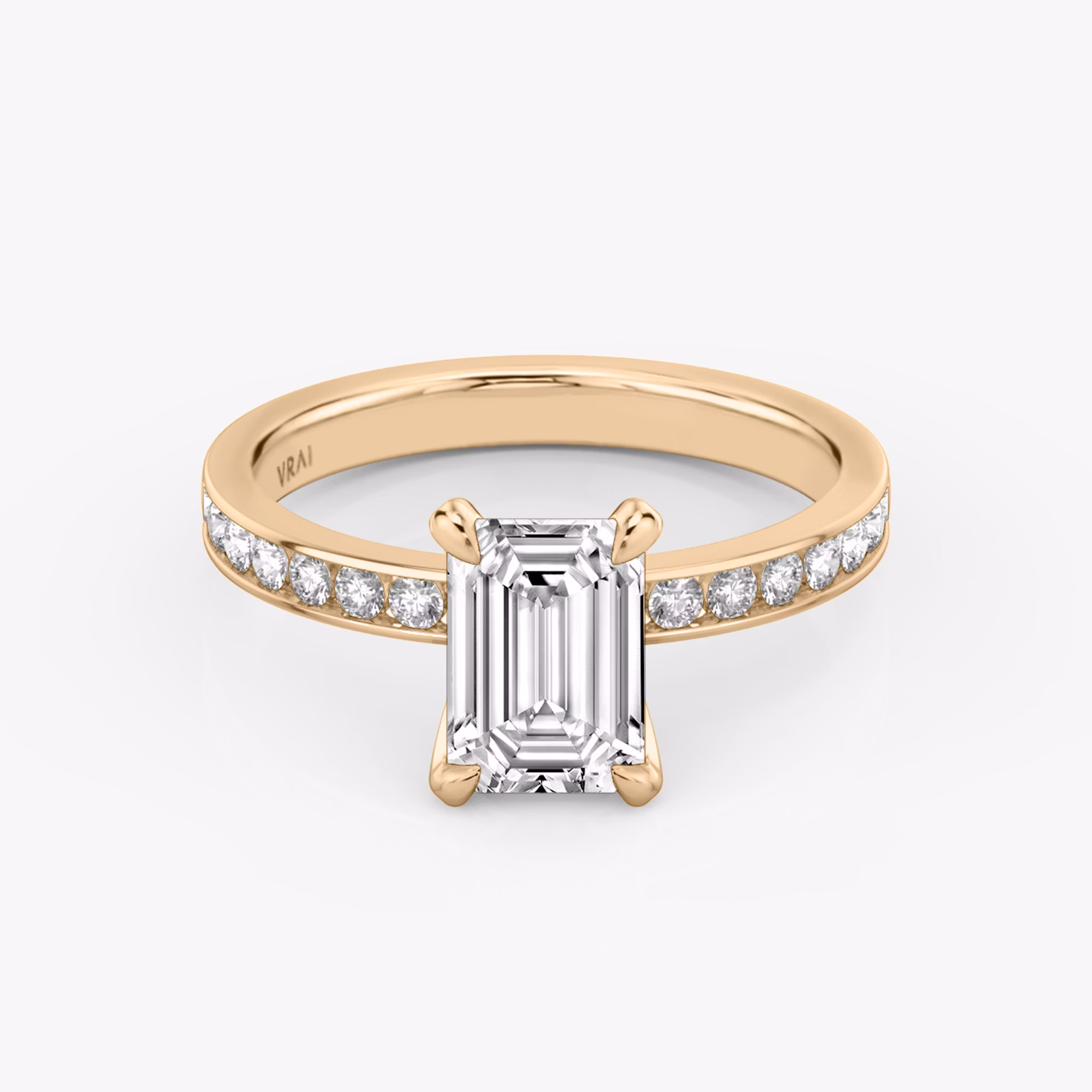 The Devotion | Emerald | 14k | Rose Gold | bandAccent: Pavé | bandStoneShape: Round Brilliant | bandStoneStyle: large | diamondOrientation: vertical | caratWeight: other