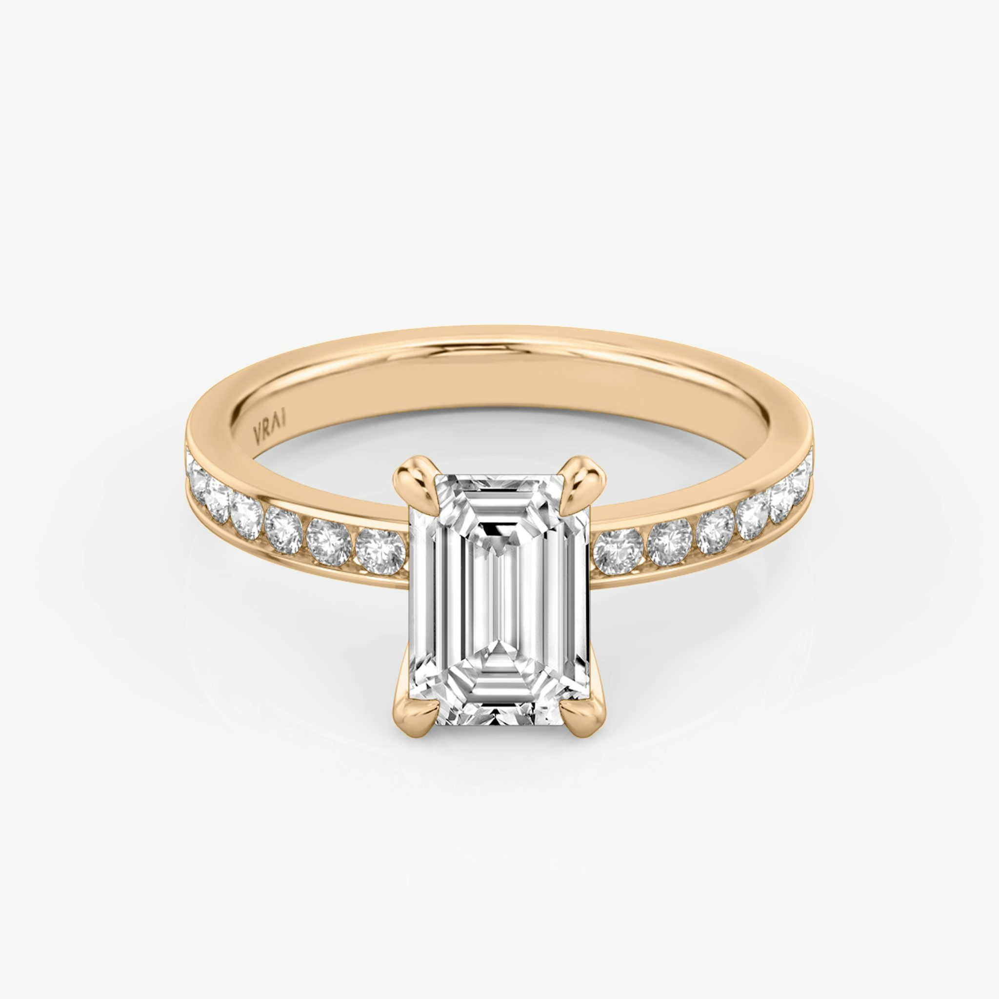 The Devotion | Emerald | 14k | Rose Gold | bandAccent: Pavé | bandStoneShape: Round Brilliant | bandStoneStyle: large | diamondOrientation: vertical | caratWeight: other