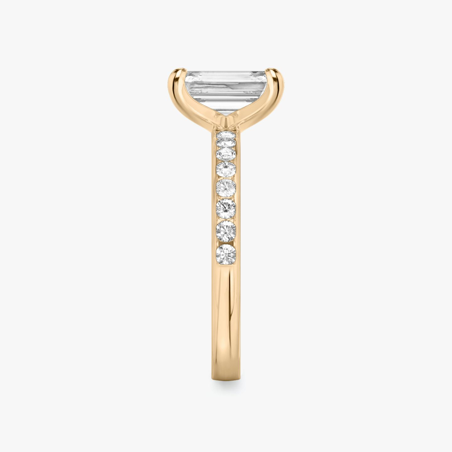 The Devotion | Emerald | 14k | Rose Gold | bandAccent: Pavé | bandStoneShape: Round Brilliant | bandStoneStyle: large | diamondOrientation: vertical | caratWeight: other