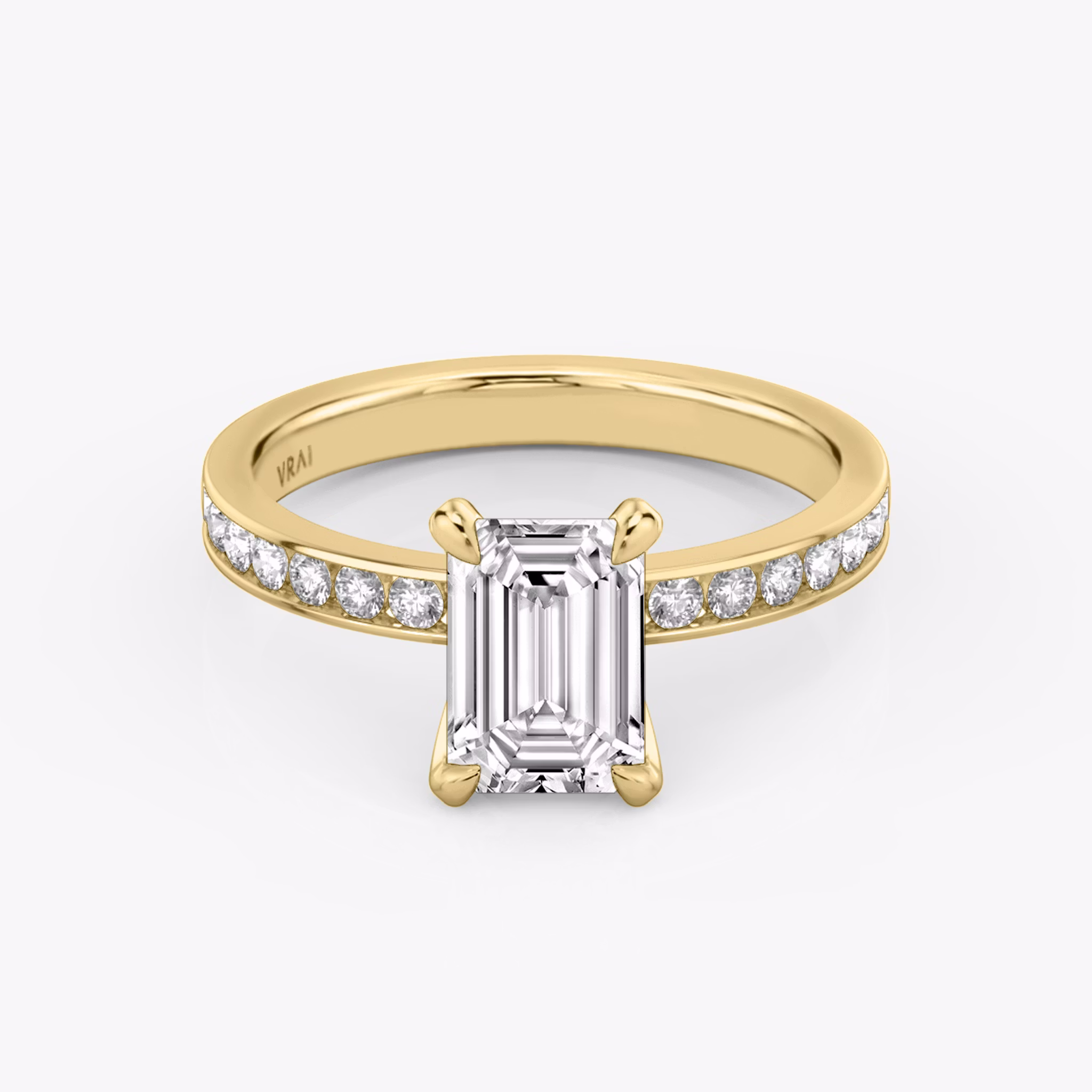 The Devotion | Emerald | 18k | Yellow Gold | bandAccent: Pavé | bandStoneShape: Round Brilliant | bandStoneStyle: large | diamondOrientation: vertical | caratWeight: other