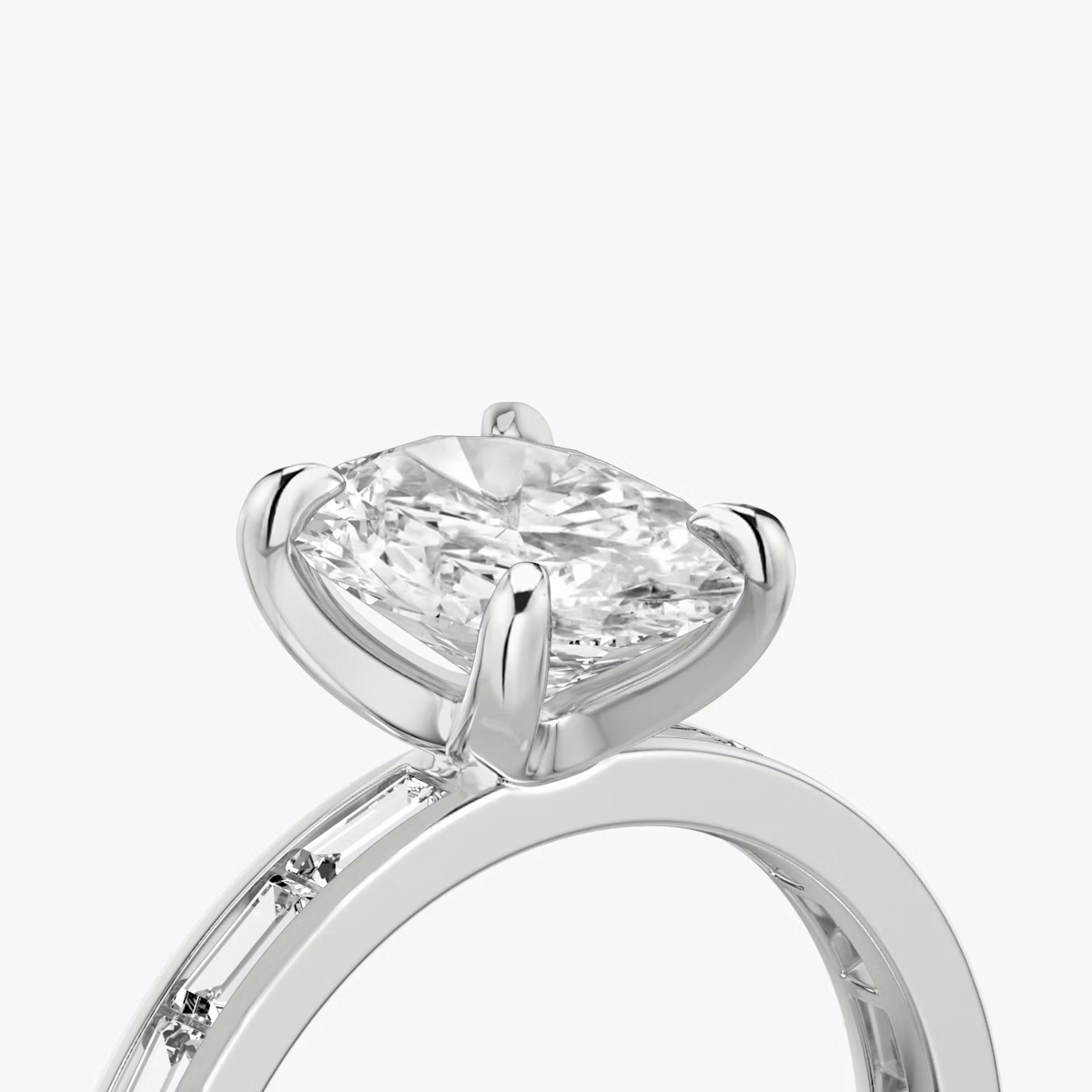 The Devotion | Oval | Platinum | bandAccent: Pavé | bandStoneShape: Baguette | bandStoneStyle: original | diamondOrientation: vertical | caratWeight: other