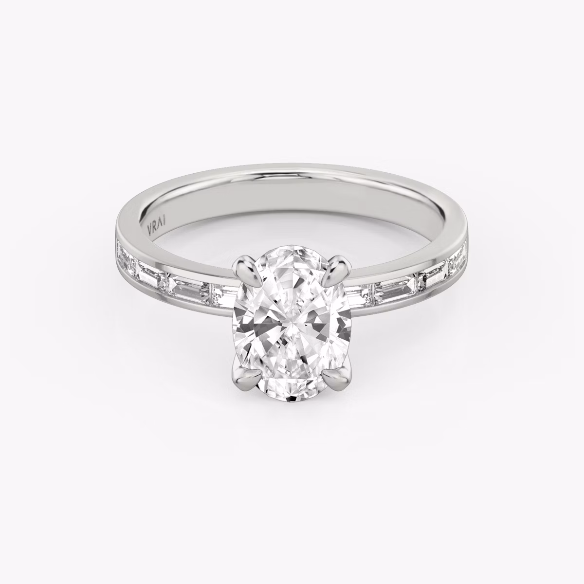 The Devotion | Oval | Platinum | bandAccent: Pavé | bandStoneShape: Baguette | bandStoneStyle: original | diamondOrientation: vertical | caratWeight: other