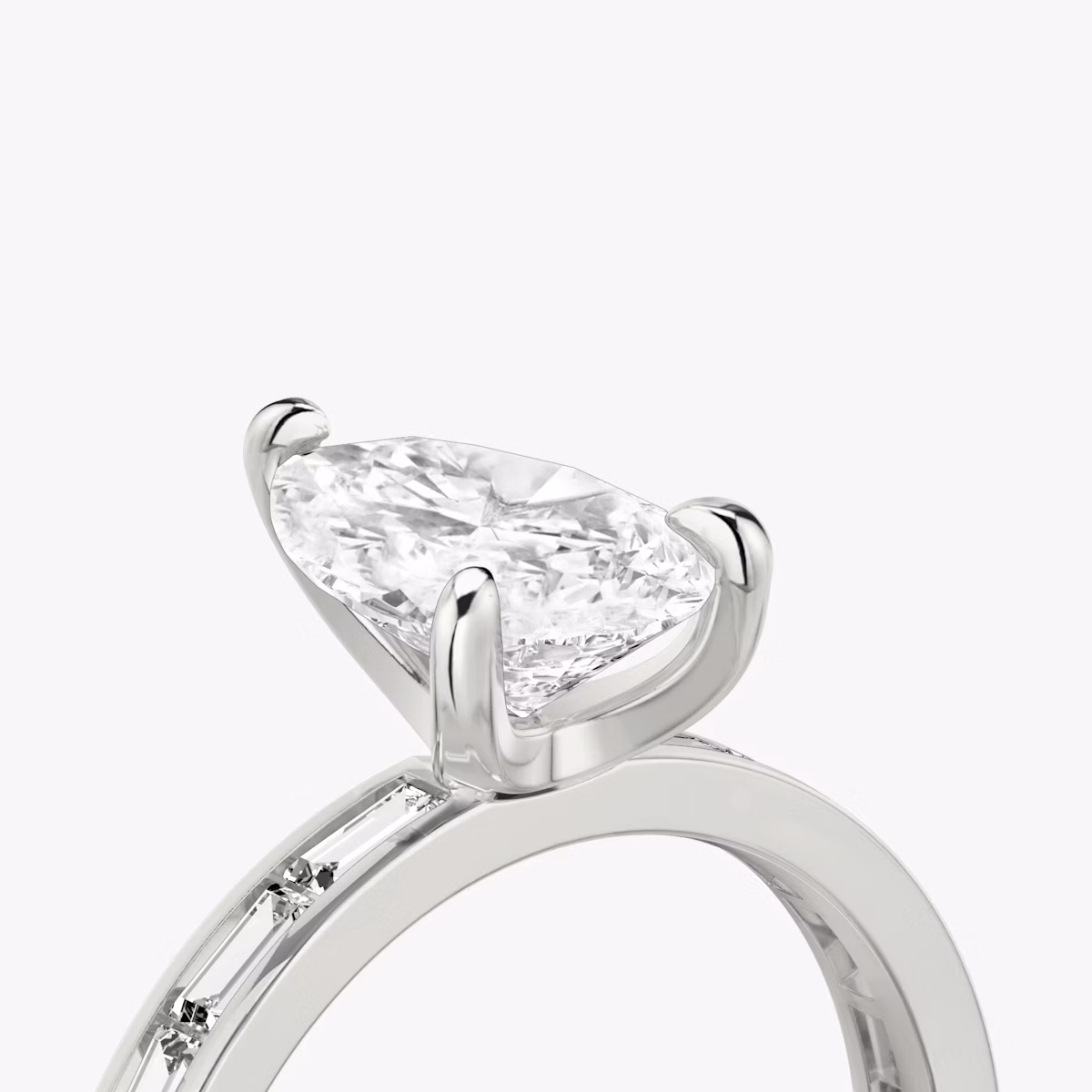 The Devotion | Pear | Platinum | bandAccent: Pavé | bandStoneShape: Baguette | bandStoneStyle: original | diamondOrientation: vertical | caratWeight: other
