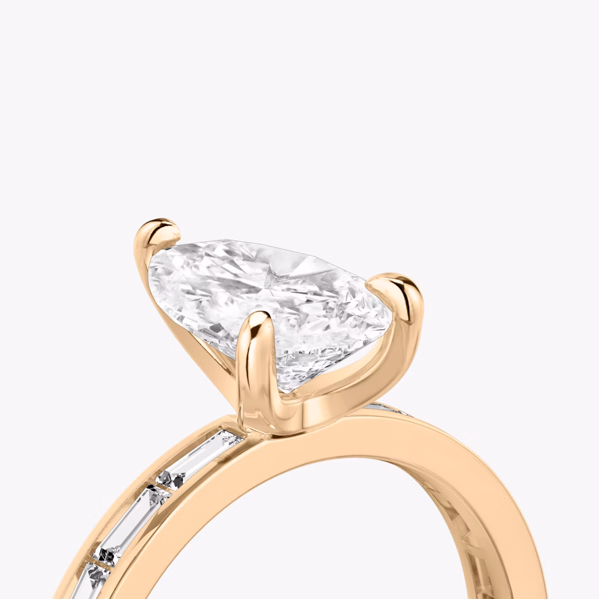 The Devotion | Pear | 14k | Rose Gold | bandAccent: Pavé | bandStoneShape: Baguette | bandStoneStyle: original | diamondOrientation: vertical | caratWeight: other