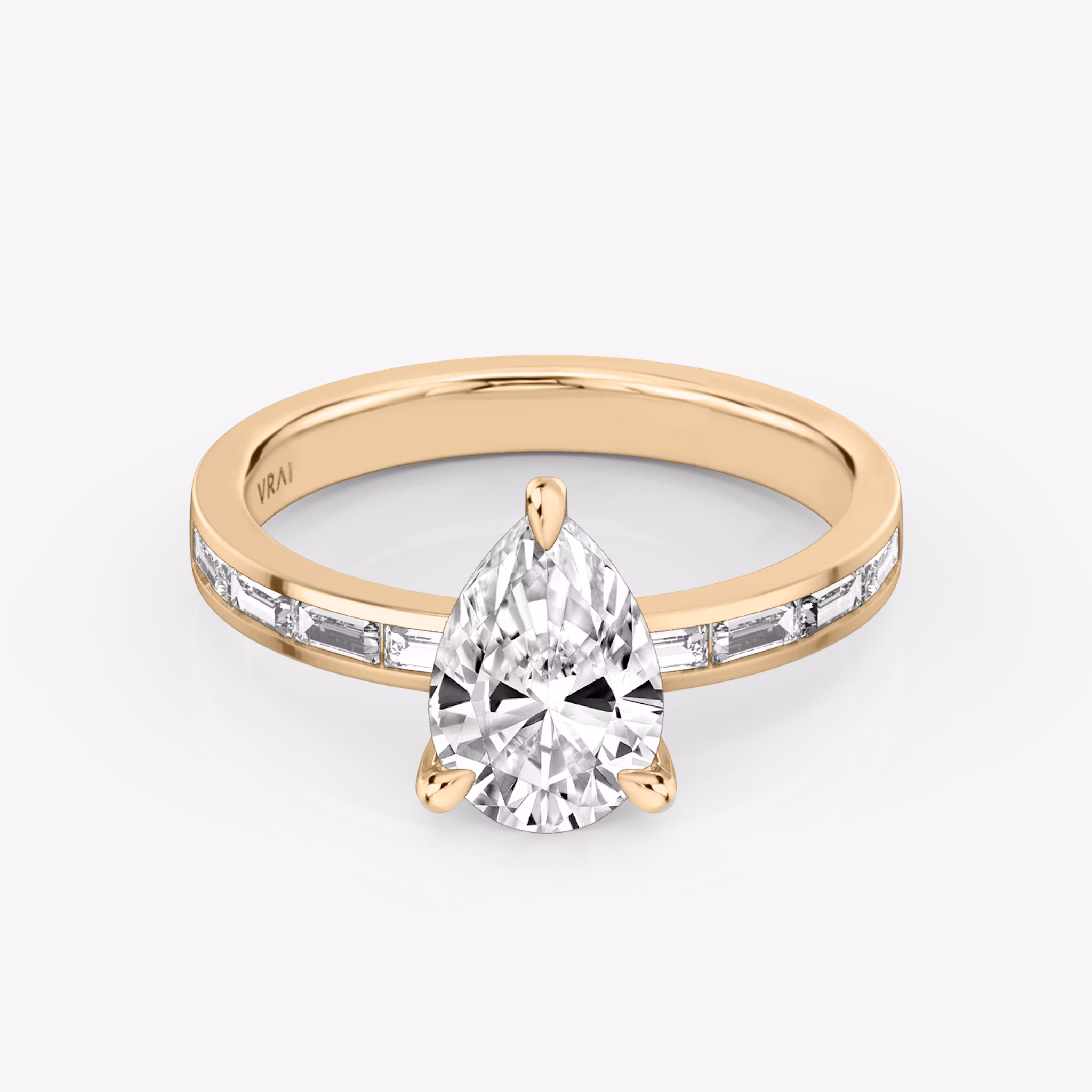 The Devotion | Pear | 14k | Rose Gold | bandAccent: Pavé | bandStoneShape: Baguette | bandStoneStyle: original | diamondOrientation: vertical | caratWeight: other